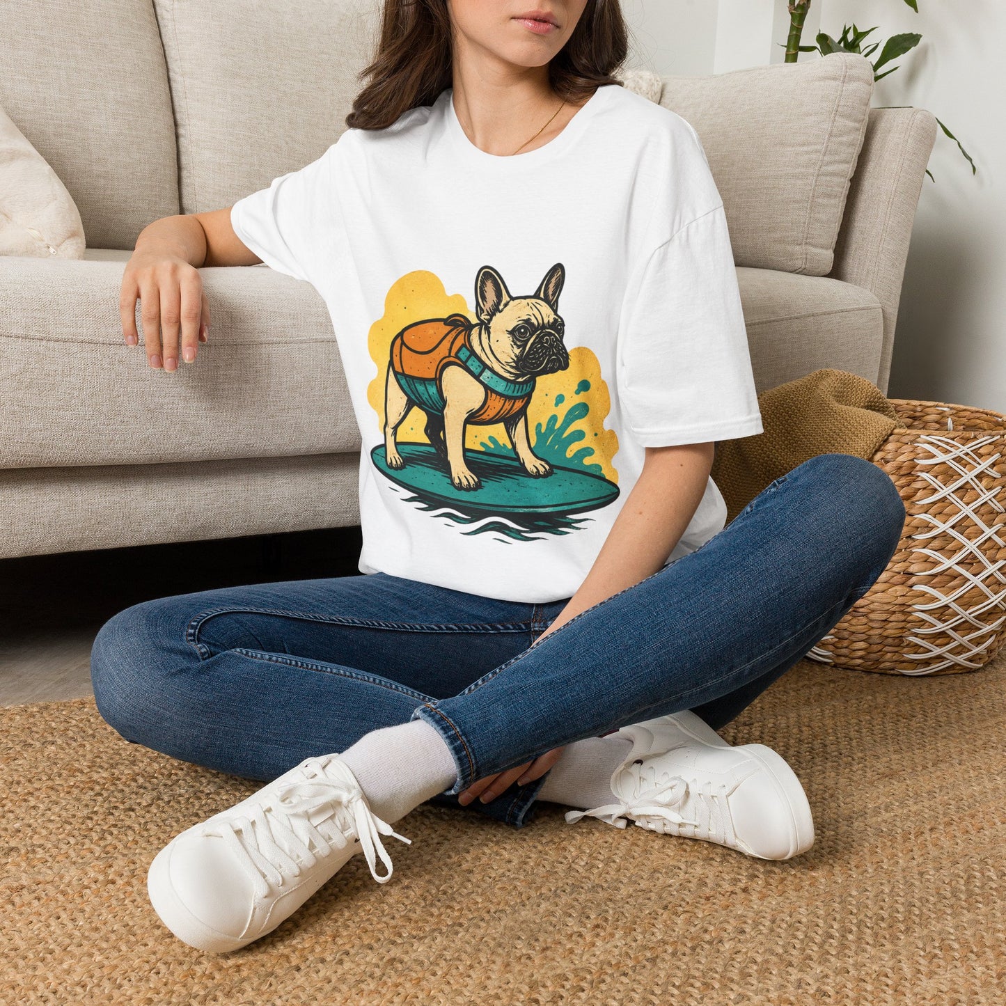 French Bulldog Surf T‑Shirt — Cute Dog with Backpack Beach Tee