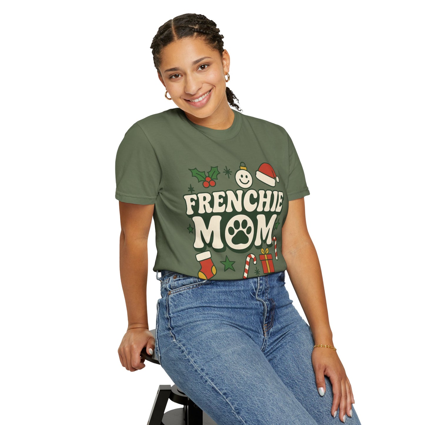 Merry Frenchie Mom T-Shirt | Christmas Dog Mom Tee | Festive French Bulldog Top | Cute Holiday Dog Lover Gift Shirt