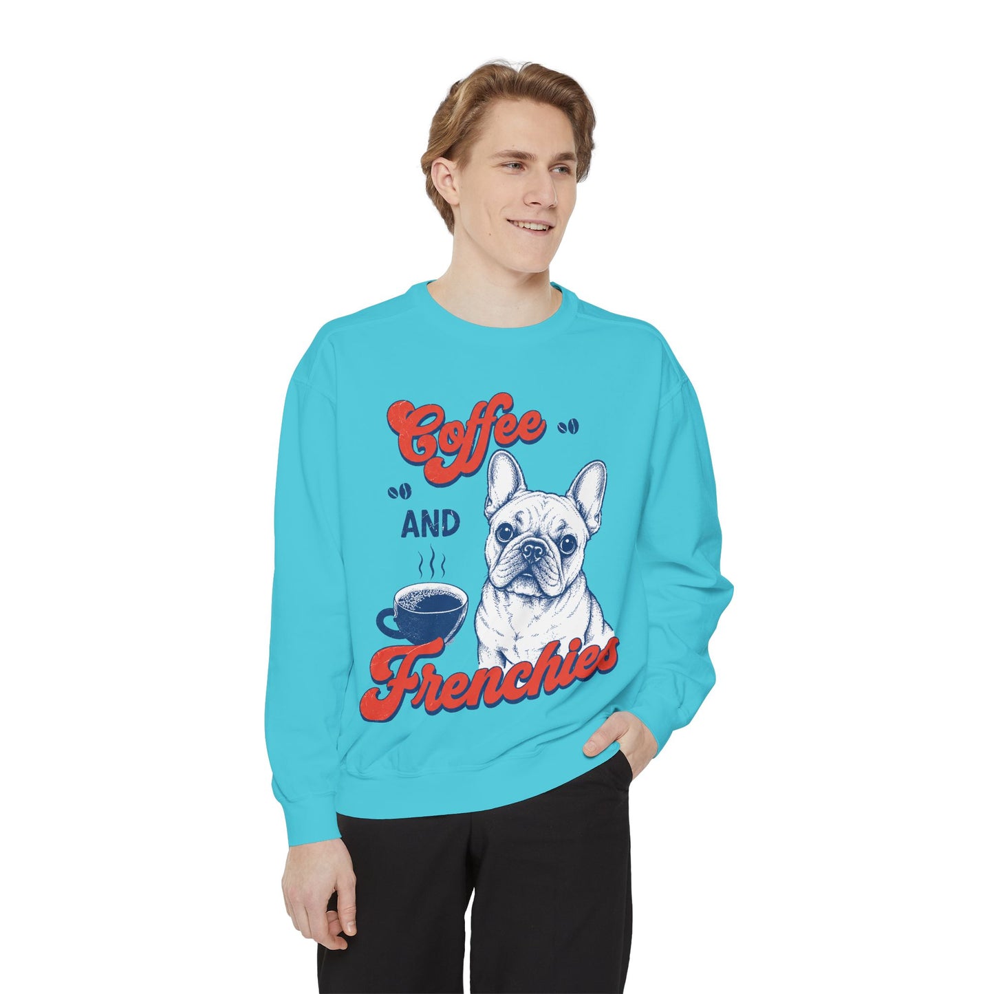 Coffee and Frenchies Sweatshirt, French Bulldog Coffee Crewneck, Frenchie Lover Pullover, Dog Mom Sweatshirt, Coffee Lover Gift, Cozy French Bulldog Sweatshirt