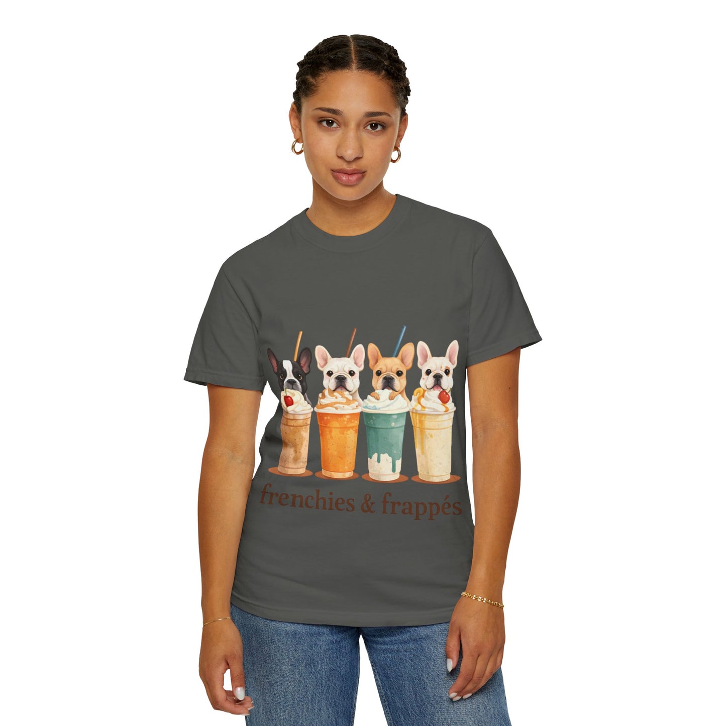 Frenchies & Frappés Shirt, French Bulldog Coffee Shirt, Cute Frenchie Café Tee, Coffee Lover Dog Shirt, Dog Mom Gift, French Bulldog Graphic Tee