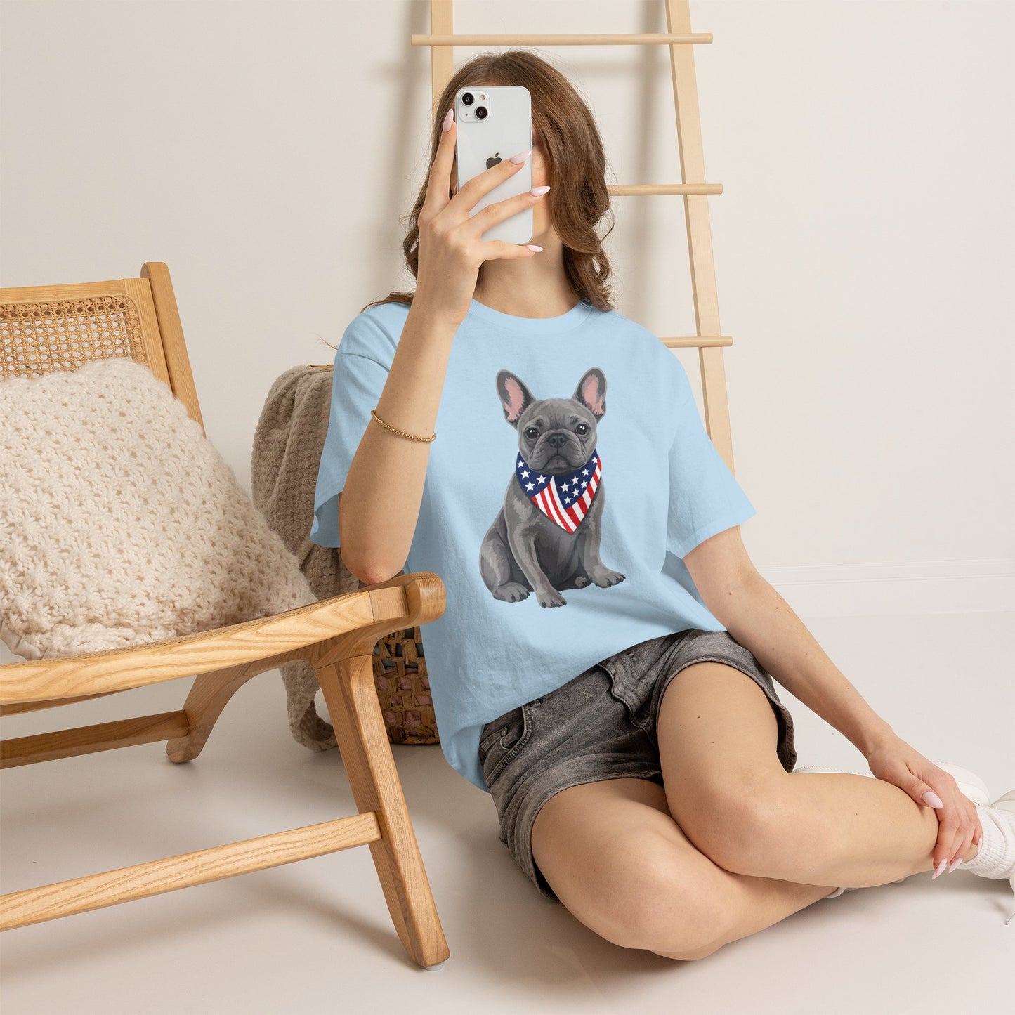 Patriotic French Bulldog Shirt, Blue Frenchie American Flag Bandana Tee, Fourth of July Dog Lover Shirt, USA French Bulldog Gift