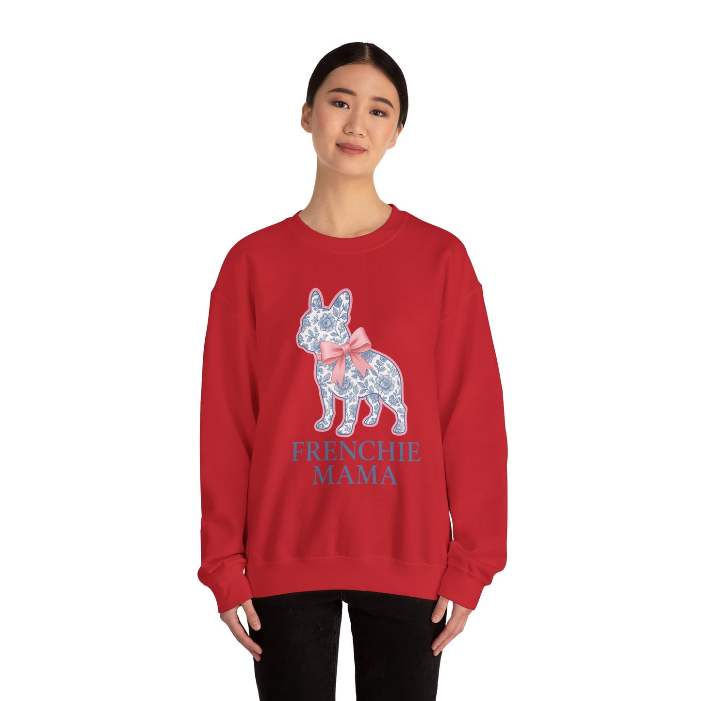 Frenchie Mama Sweatshirt – Blue Floral French Bulldog with Pink Bow, Cute Dog Mom Crewneck, French Bulldog Lover Gift, Cozy Dog Mom Sweater