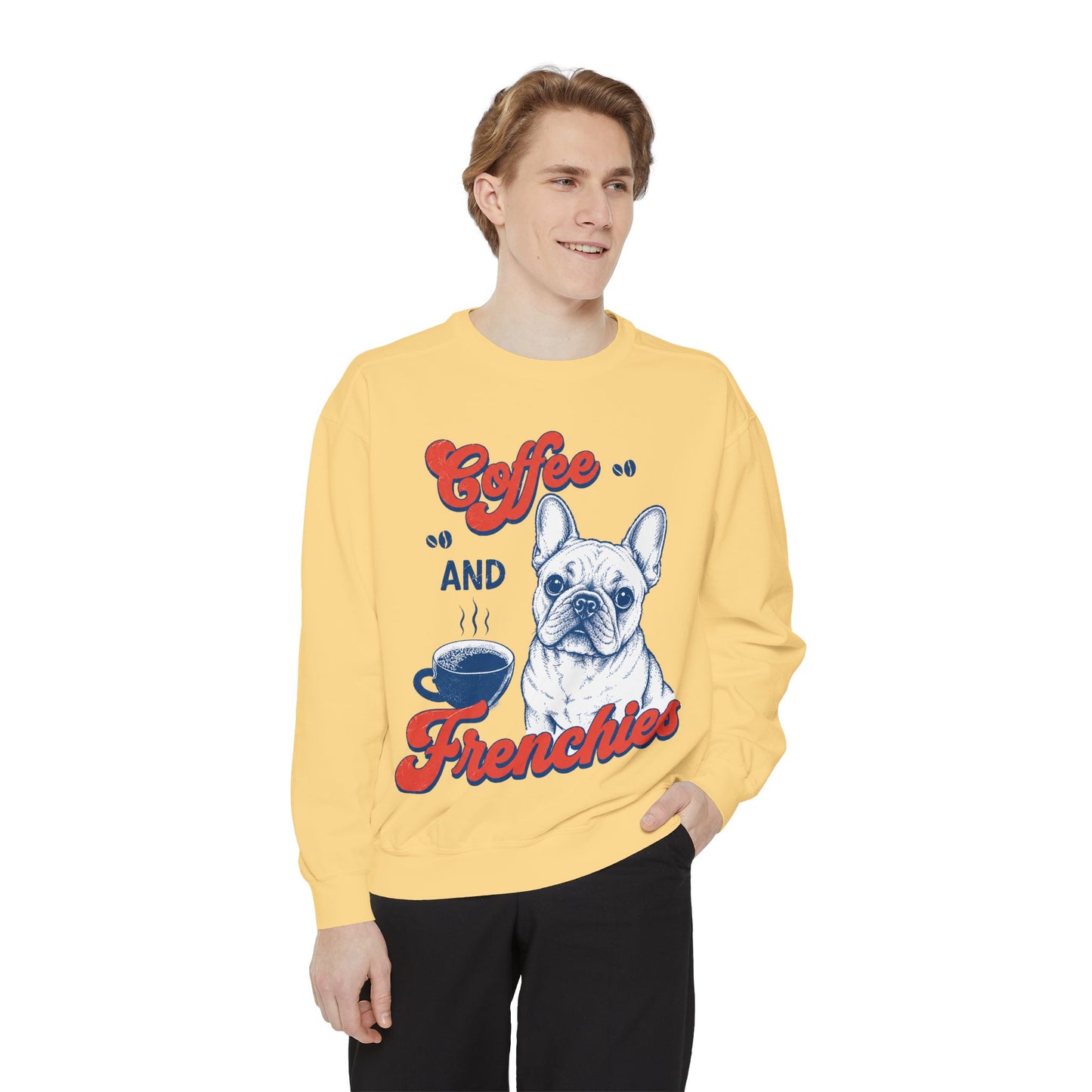 Coffee and Frenchies Sweatshirt, French Bulldog Coffee Crewneck, Frenchie Lover Pullover, Dog Mom Sweatshirt, Coffee Lover Gift, Cozy French Bulldog Sweatshirt