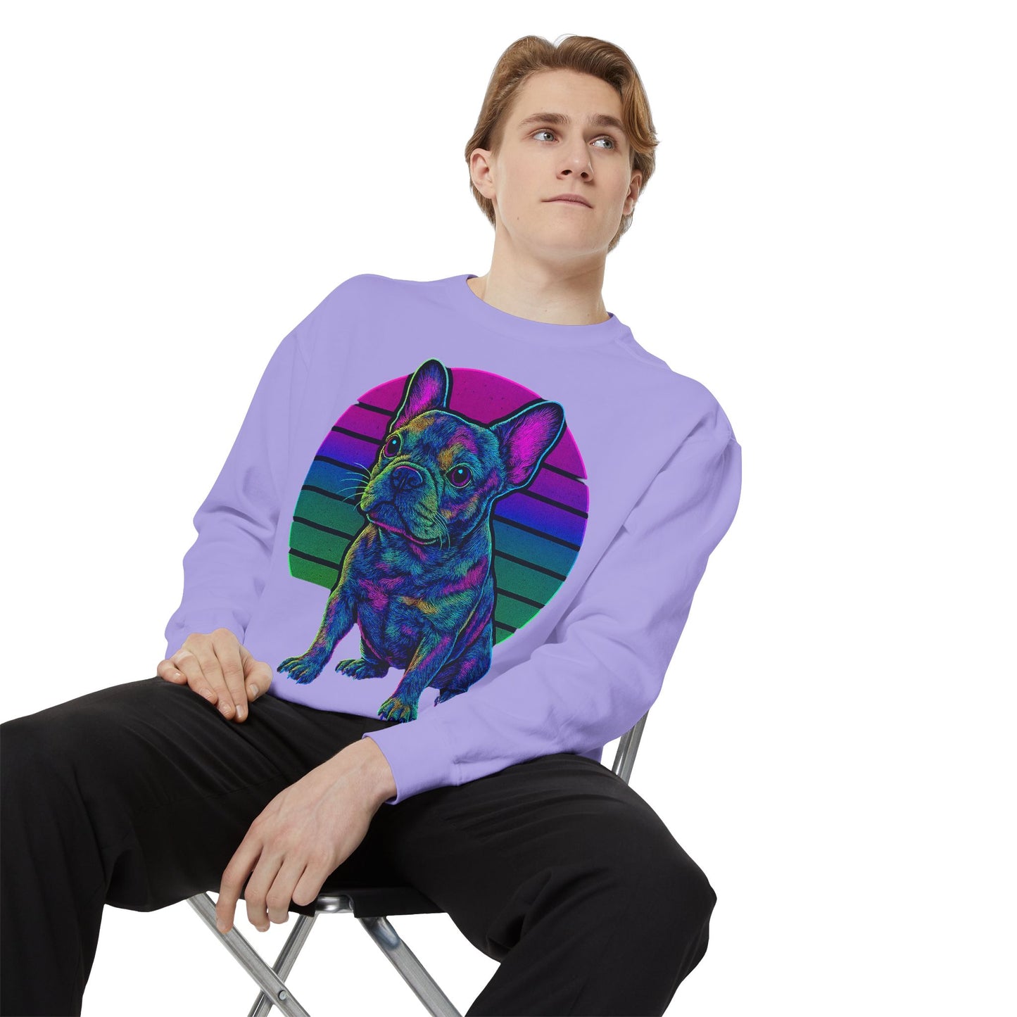 Neon French Bulldog Sweatshirt | Retro 80s Frenchie Pullover | Colorful Dog Lover Crewneck