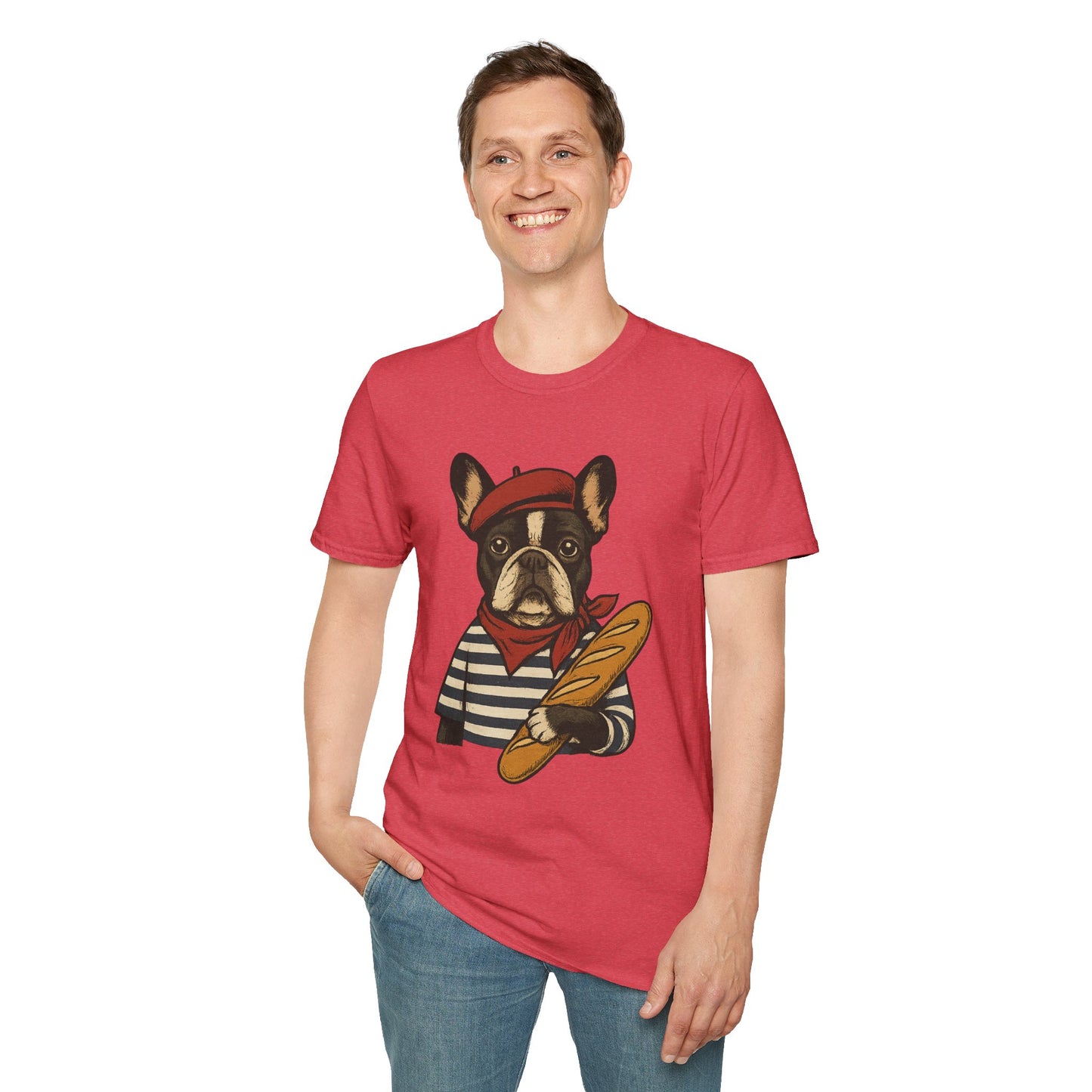 French Bulldog Parisian T-Shirt – Cute Frenchie in Beret & Stripes with Baguette – Funny Dog Lover Tee, French Style Dog Shirt, Gift for Frenchie Moms