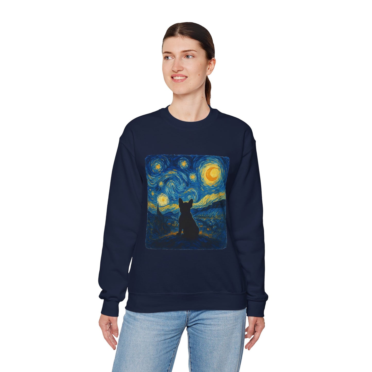Starry Night Frenchie Sweatshirt – Van Gogh Inspired French Bulldog Art Crewneck, Cozy Dog Lover Gift, Retro Frenchie Sweater