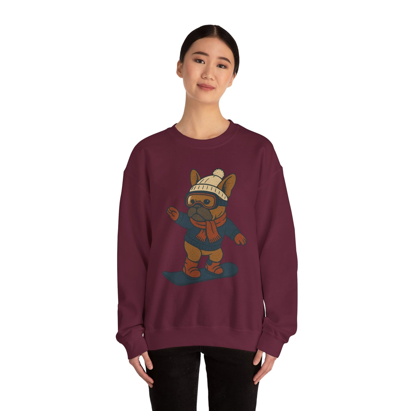 Snowboarding Frenchie Sweatshirt – Cute French Bulldog Winter Sweater, Snowboard Dog Pullover, Cozy Holiday Ski Dog Crewneck, Frenchie Lover Gift