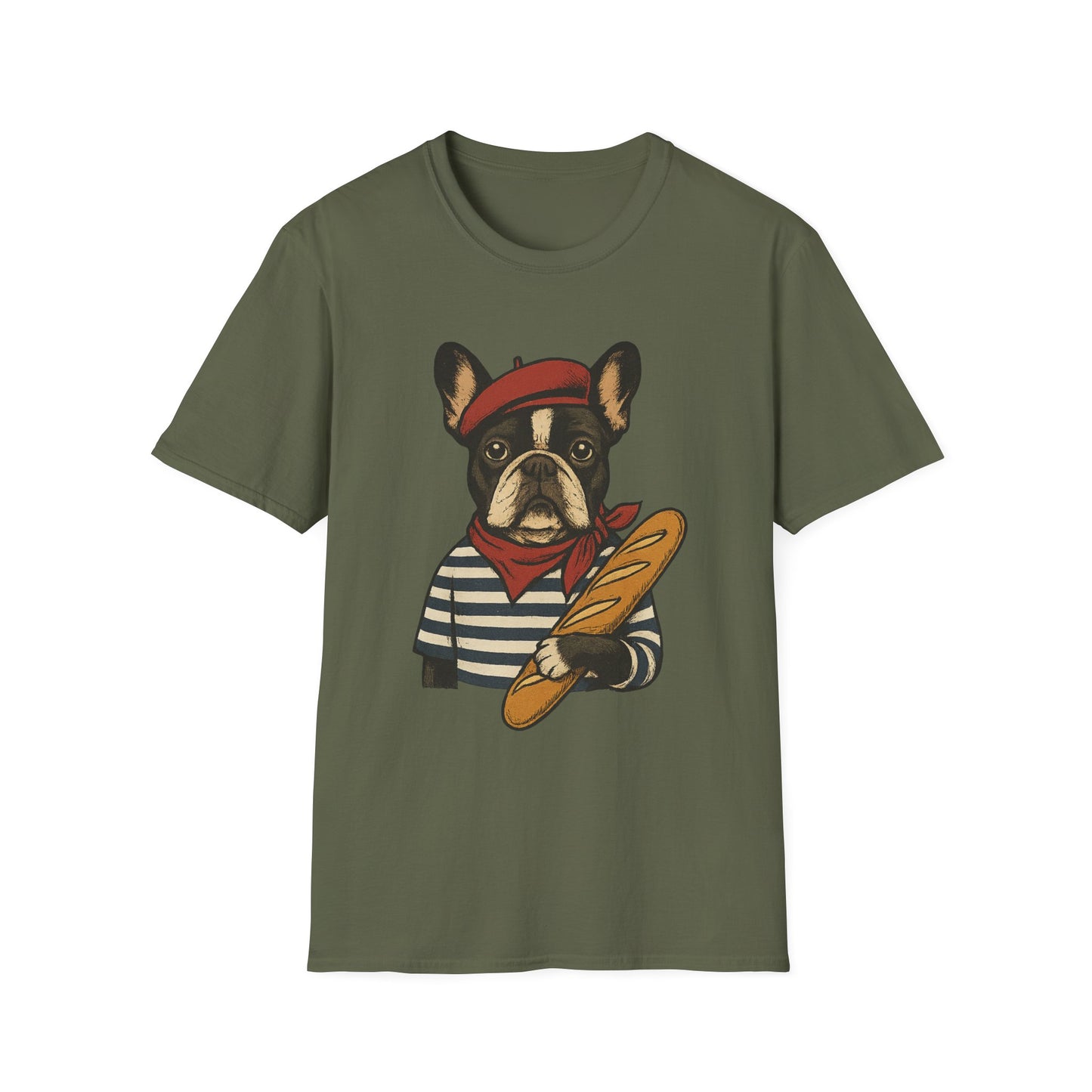 French Bulldog Parisian T-Shirt – Cute Frenchie in Beret & Stripes with Baguette – Funny Dog Lover Tee, French Style Dog Shirt, Gift for Frenchie Moms