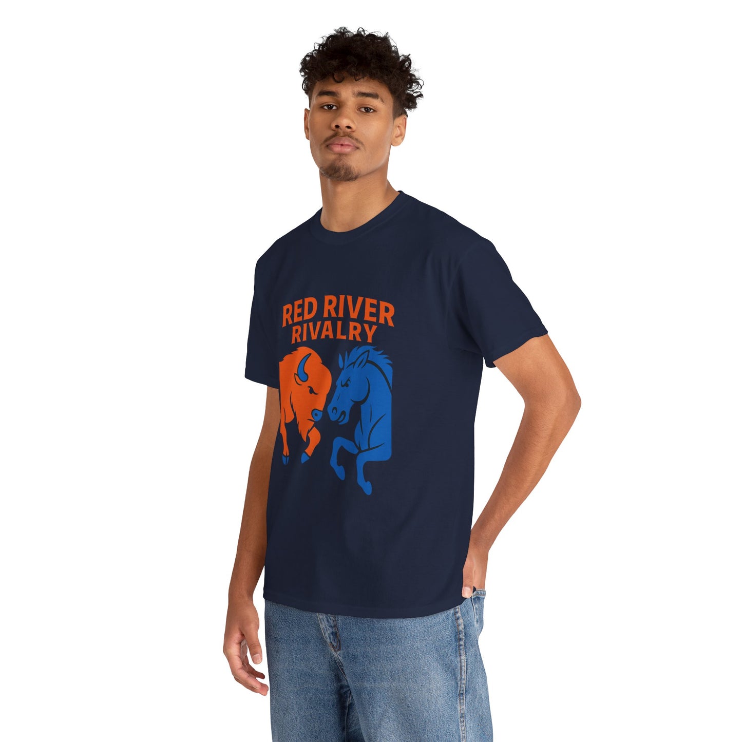Red River Rivalry T-Shirt – Oklahoma vs Texas-Inspired Tee, Bison and Mustang Game Day Shirt, Blue and Orange Sports Rivalry Graphic