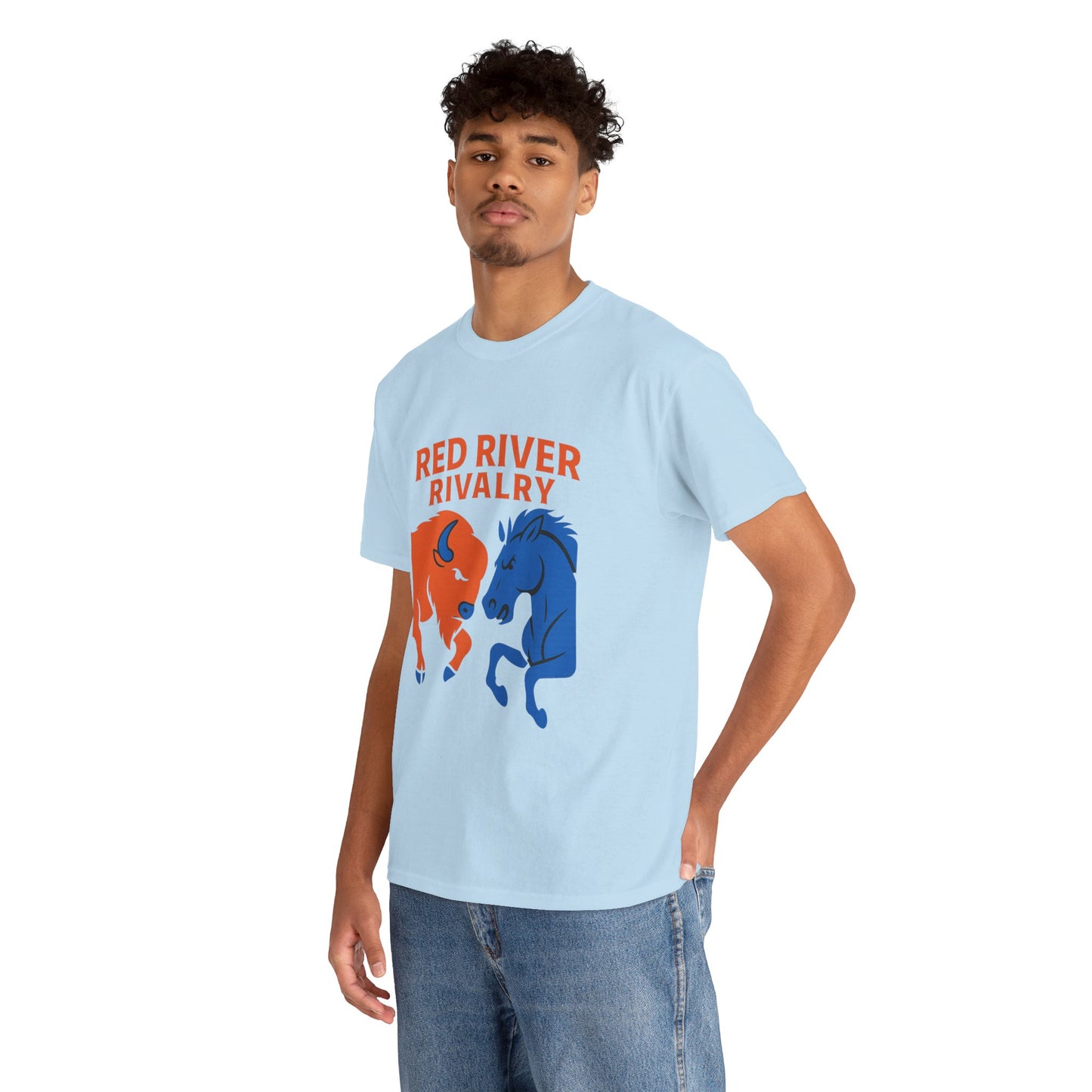 Red River Rivalry T-Shirt – Oklahoma vs Texas-Inspired Tee, Bison and Mustang Game Day Shirt, Blue and Orange Sports Rivalry Graphic