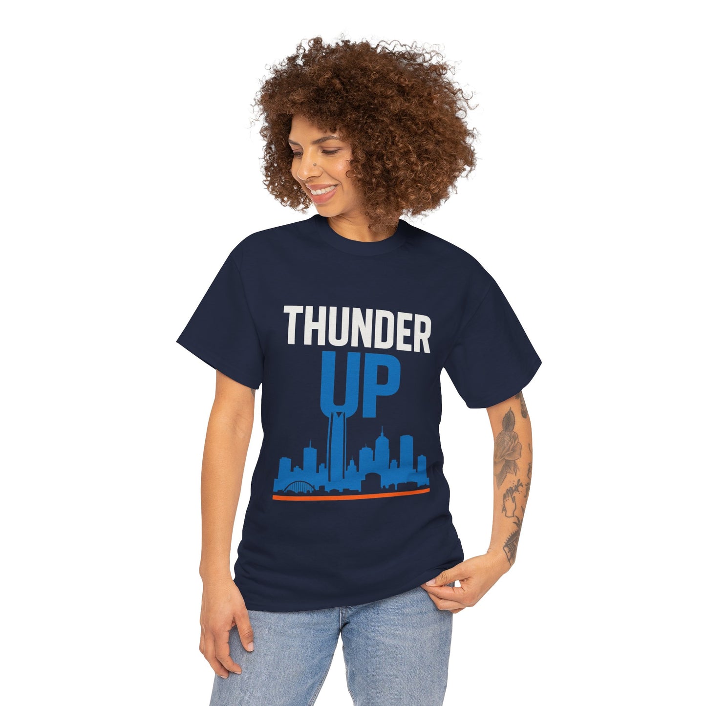 Thunder Up Oklahoma City Skyline Shirt – OKC Basketball Fan Tee, Blue & Orange City Skyline Graphic, Oklahoma Hoops Spirit Wear, Game Day T-Shirt