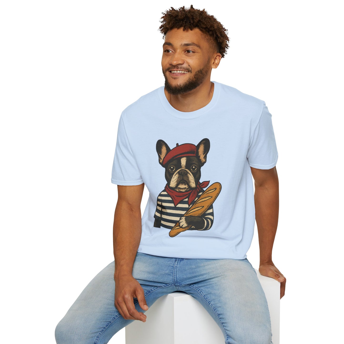 French Bulldog Parisian T-Shirt – Cute Frenchie in Beret & Stripes with Baguette – Funny Dog Lover Tee, French Style Dog Shirt, Gift for Frenchie Moms