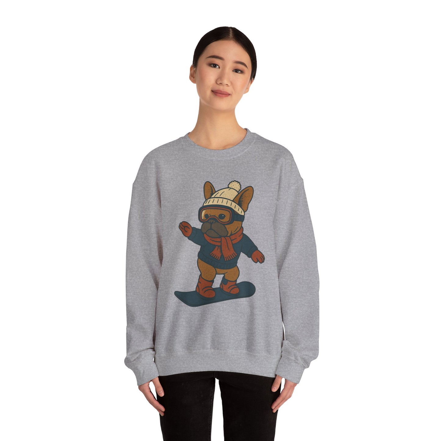 Snowboarding Frenchie Sweatshirt – Cute French Bulldog Winter Sweater, Snowboard Dog Pullover, Cozy Holiday Ski Dog Crewneck, Frenchie Lover Gift