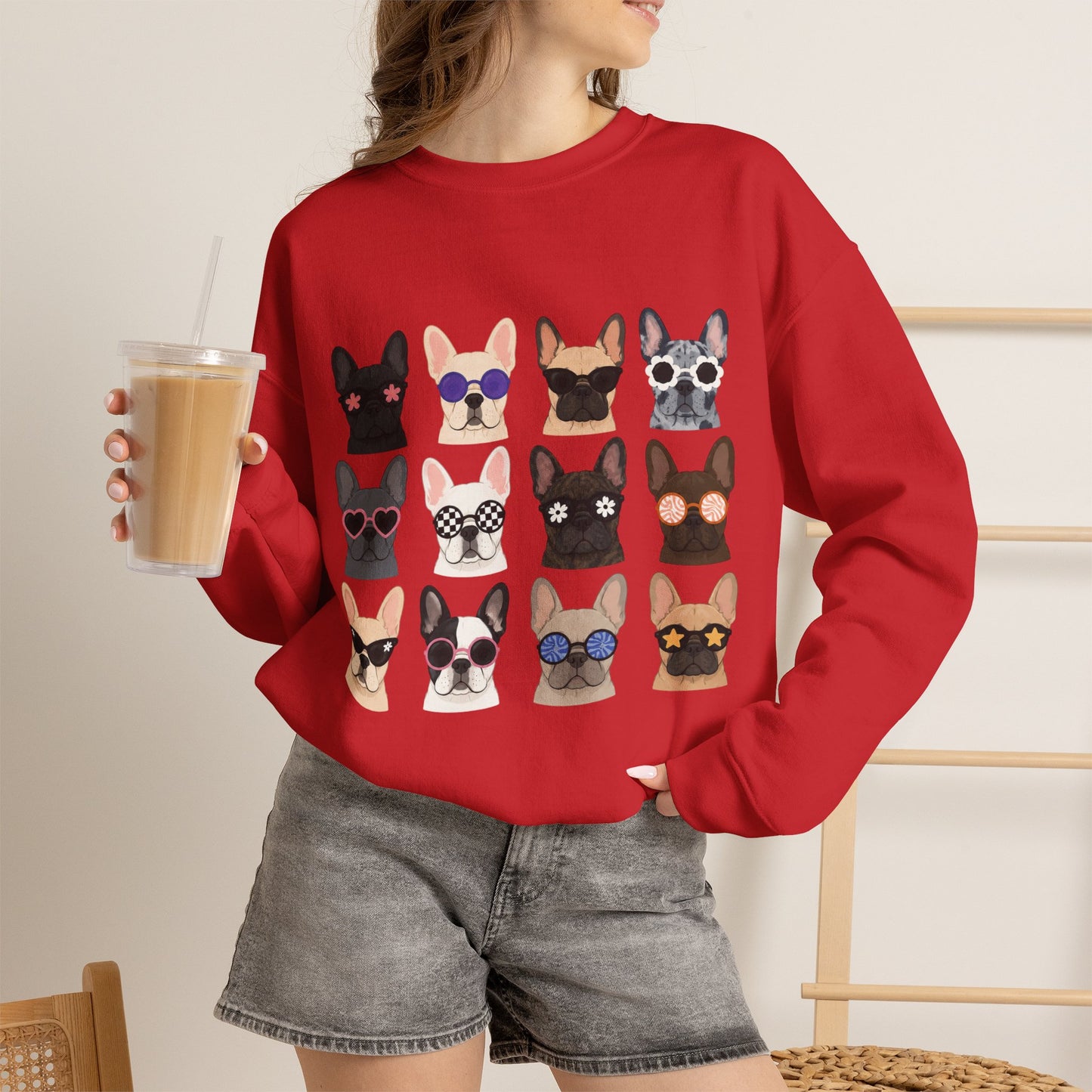 French Bulldog Faces Crewneck Sweatshirt – Cute Sunglasses Dogs Graphic