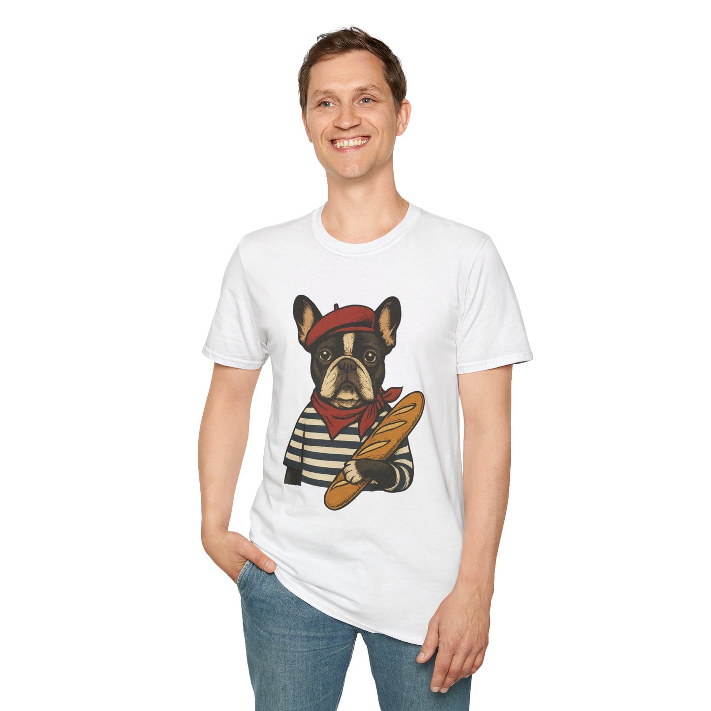 French Bulldog Parisian T-Shirt – Cute Frenchie in Beret & Stripes with Baguette – Funny Dog Lover Tee, French Style Dog Shirt, Gift for Frenchie Moms