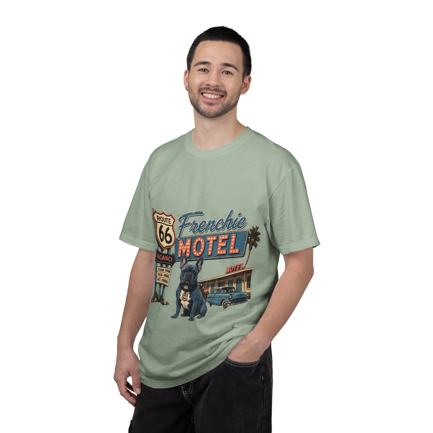 Route 66 Frenchie Motel Shirt, French Bulldog Retro Travel Tee, Vintage Road Trip Shirt, Dog Lover Graphic Tee, Route 66 Dog Shirt, Frenchie Motel T-Shirt, Retro Americana Gift