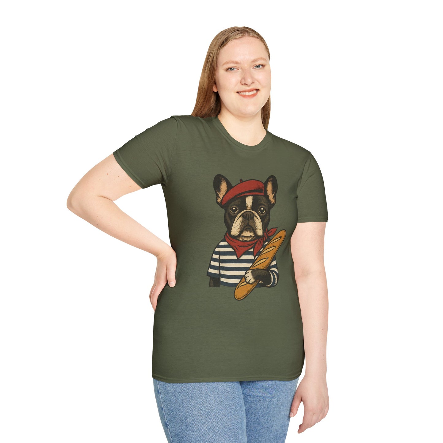 French Bulldog Parisian T-Shirt – Cute Frenchie in Beret & Stripes with Baguette – Funny Dog Lover Tee, French Style Dog Shirt, Gift for Frenchie Moms