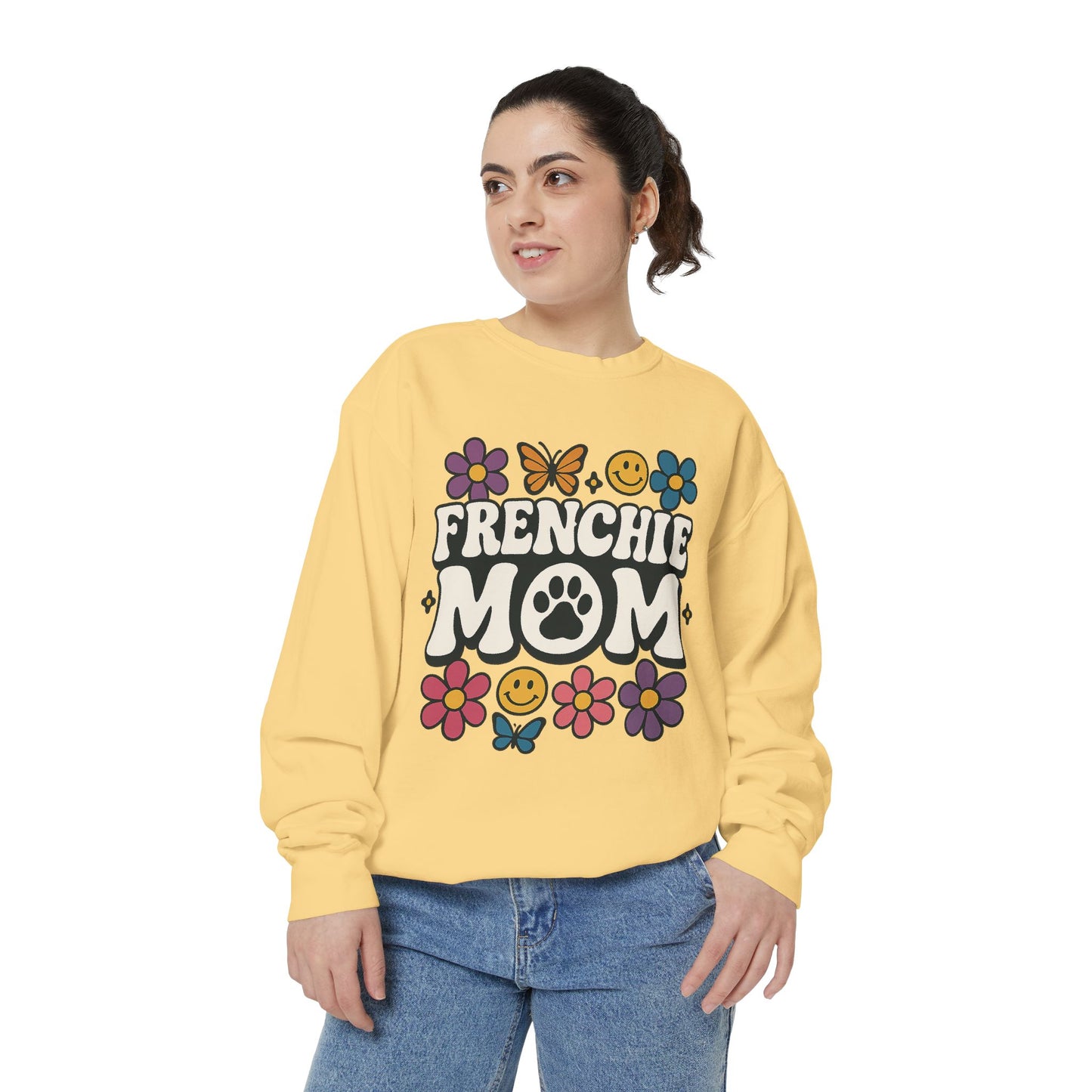 Frenchie Mom Sweatshirt | Retro Groovy Dog Lover Pullover | Smiley Flower French Bulldog Crewneck | Cute Colorful Dog Mom Sweater