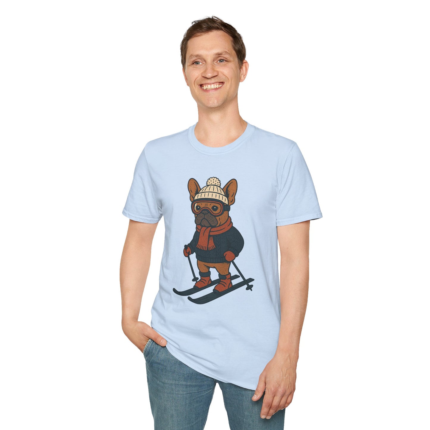 French Bulldog Skiing T-Shirt, Winter Frenchie Shirt, Ski Dog Graphic Tee, Cute Snow Dog Gift, Funny Frenchie Lover Shirt, Skiing Pup Tee