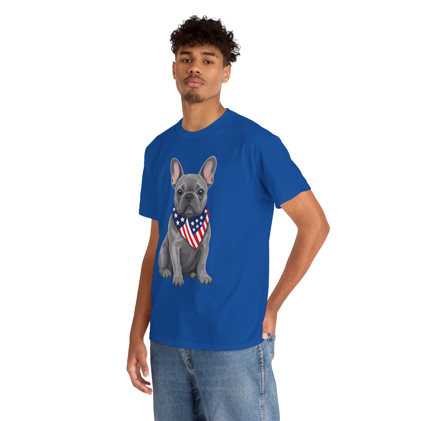 Patriotic French Bulldog Shirt, Blue Frenchie American Flag Bandana Tee, Fourth of July Dog Lover Shirt, USA French Bulldog Gift