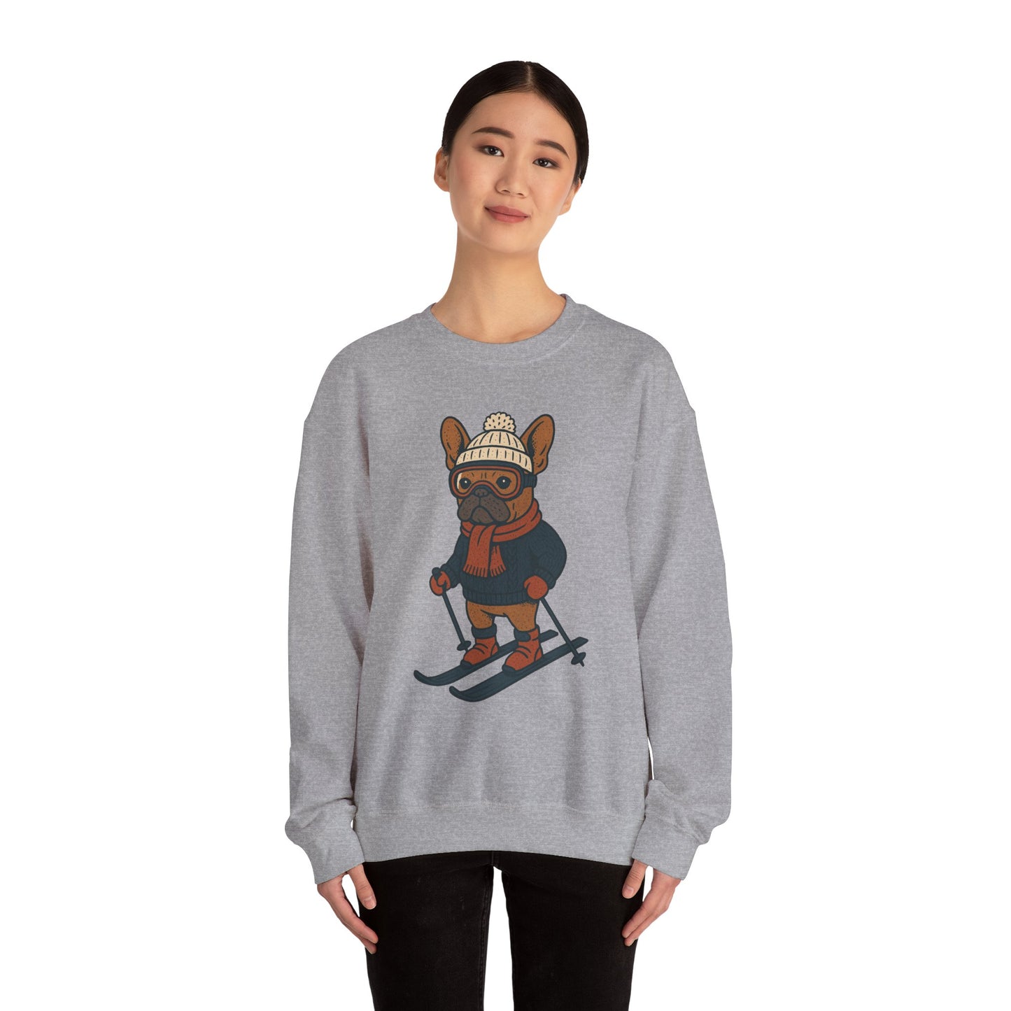 Skiing Frenchie Sweatshirt – Cute Winter French Bulldog Pullover, Cozy Ski Dog Sweater, Funny Dog Lover Gift, Winter Sports Bulldog Crewneck