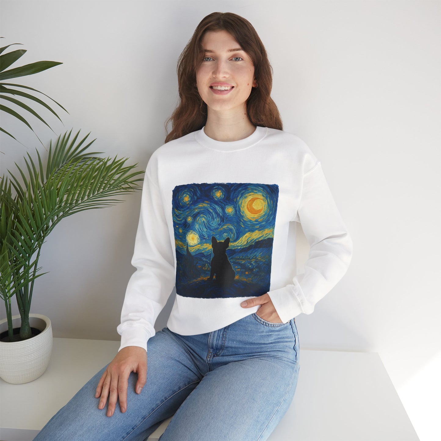 Starry Night Frenchie Sweatshirt – Van Gogh Inspired French Bulldog Art Crewneck, Cozy Dog Lover Gift, Retro Frenchie Sweater