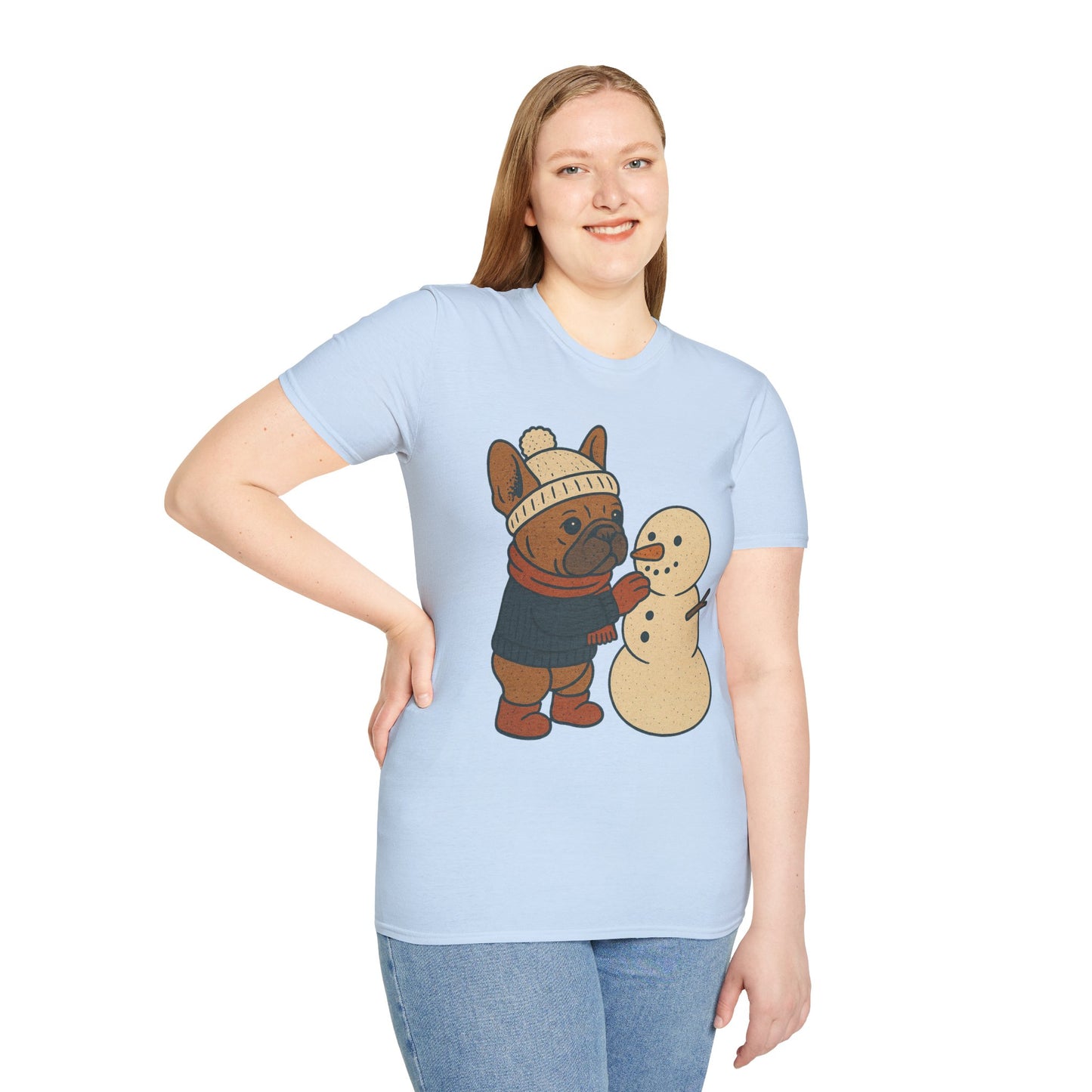French Bulldog Snowman T-Shirt • Cute Winter Frenchie Tee • Holiday Dog Lover Shirt • Christmas Pup Graphic • Cozy Winter Pet Lover Gift