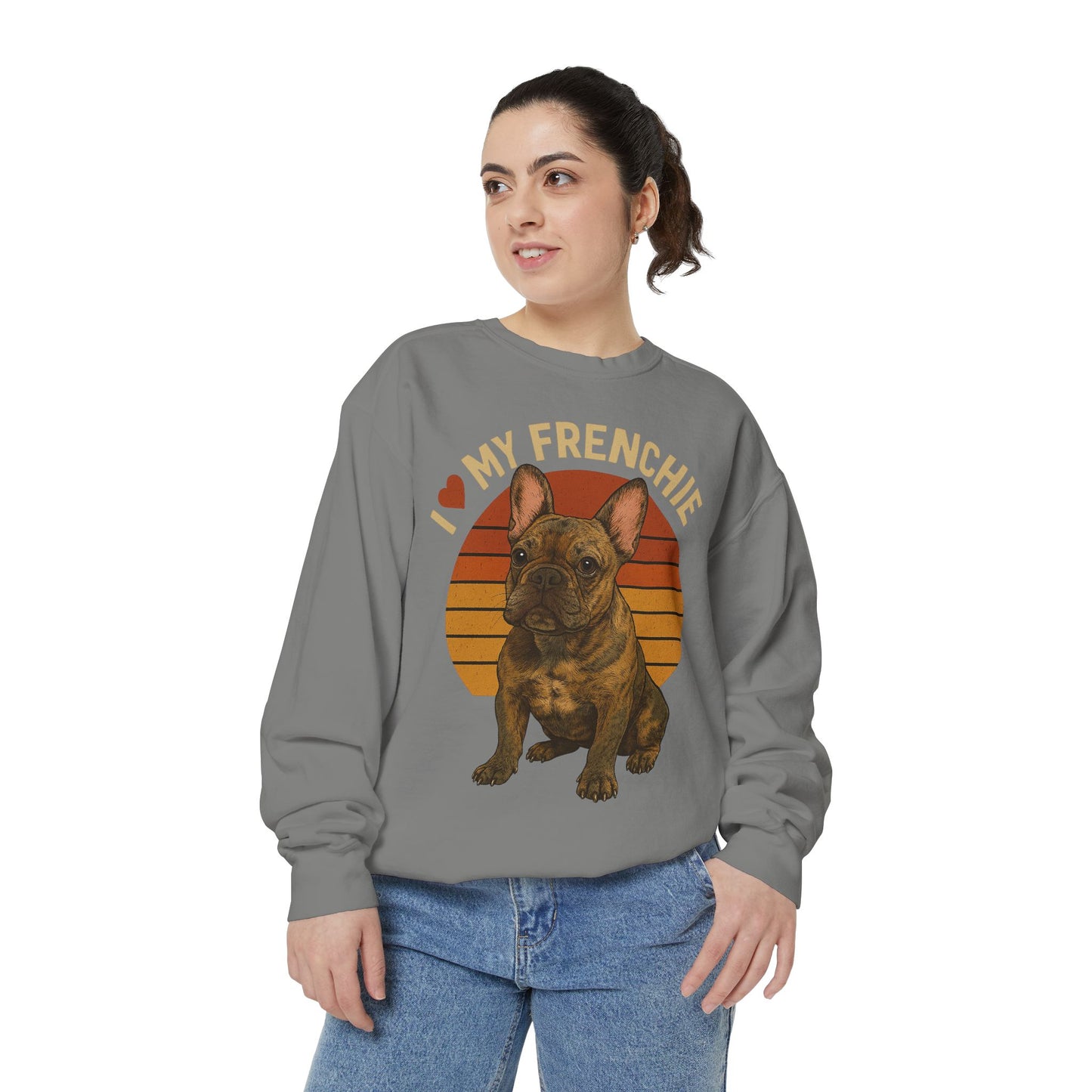 I Love My Frenchie Sweatshirt | Brindle French Bulldog Pullover | Retro Dog Lover Crewneck | Vintage Frenchie Mom & Dad Gift