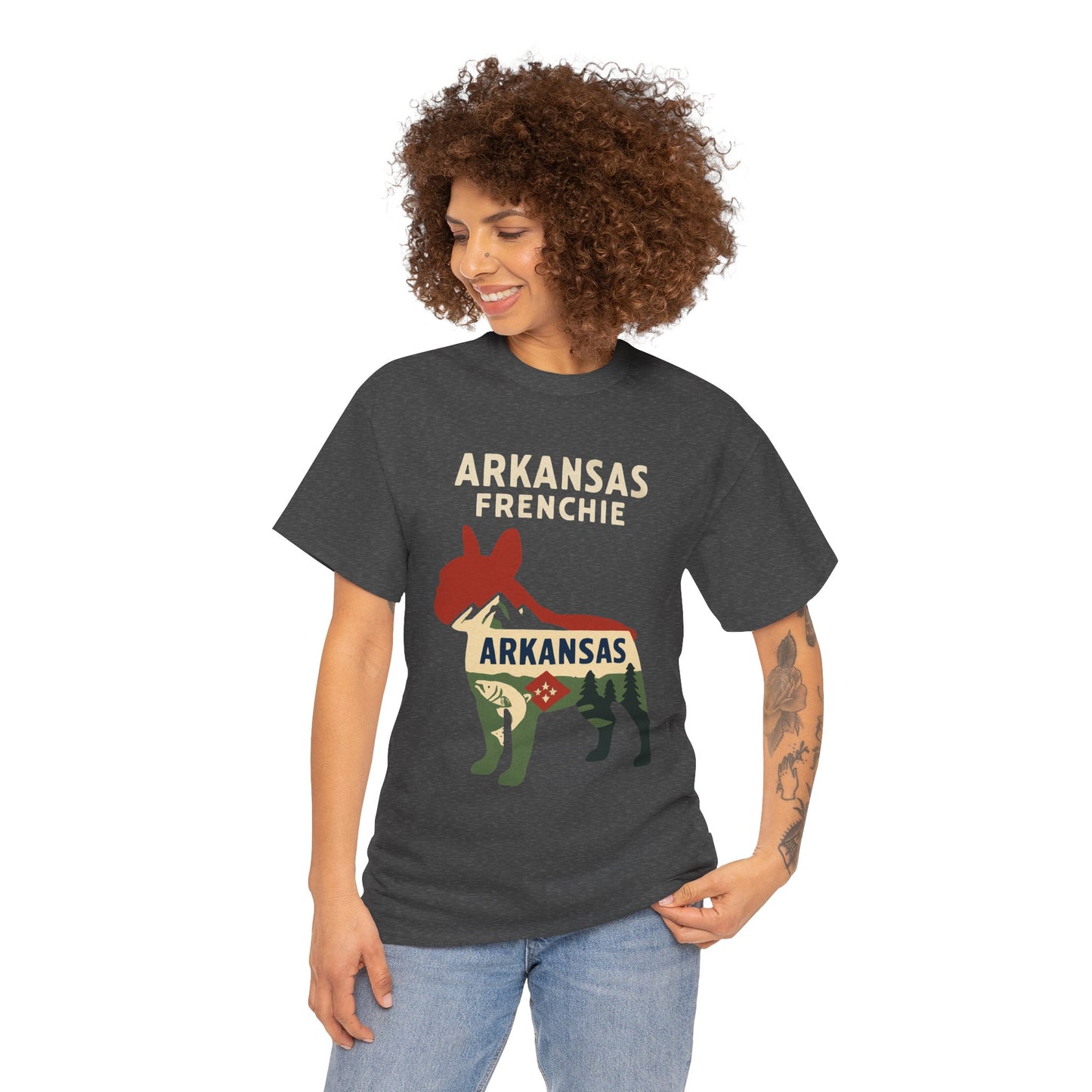 Arkansas Frenchie T-Shirt – French Bulldog State Pride Tee, Retro Arkansas Dog Lover Shirt, Nature Hiking Frenchie Gift
