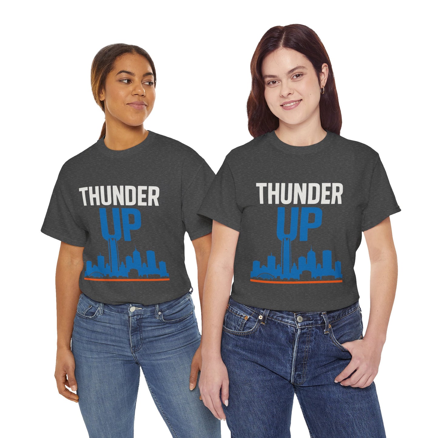 Thunder Up Oklahoma City Skyline Shirt – OKC Basketball Fan Tee, Blue & Orange City Skyline Graphic, Oklahoma Hoops Spirit Wear, Game Day T-Shirt