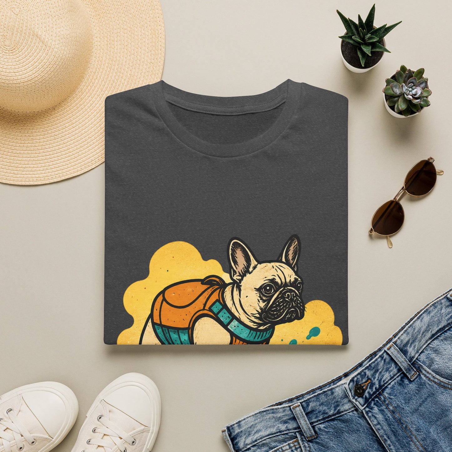 French Bulldog Surf T‑Shirt — Cute Dog with Backpack Beach Tee