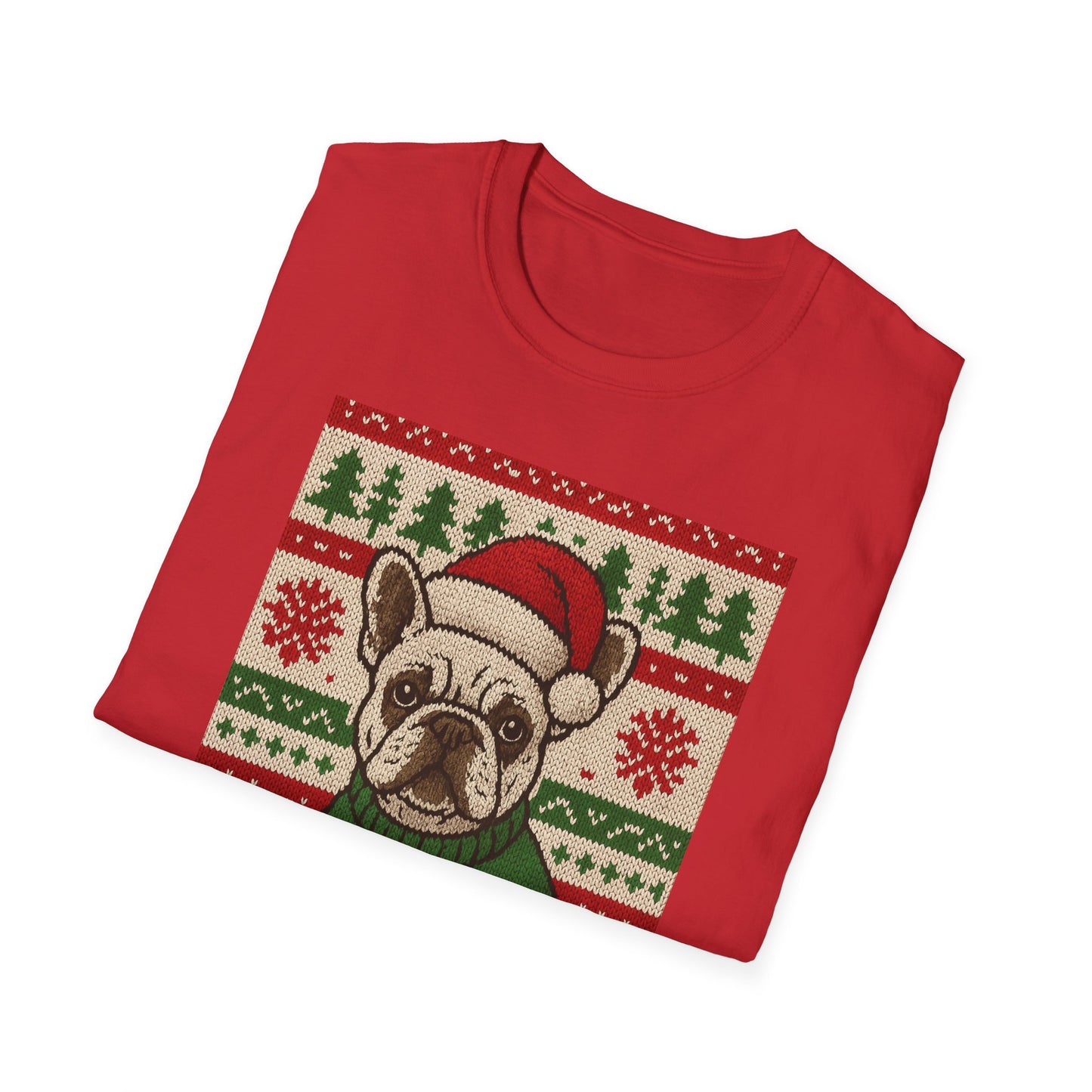 Frenchie Christmas T-Shirt – Cute French Bulldog Ugly Sweater Style Tee, Holiday Dog Lover Shirt, Funny Christmas Frenchie Gift