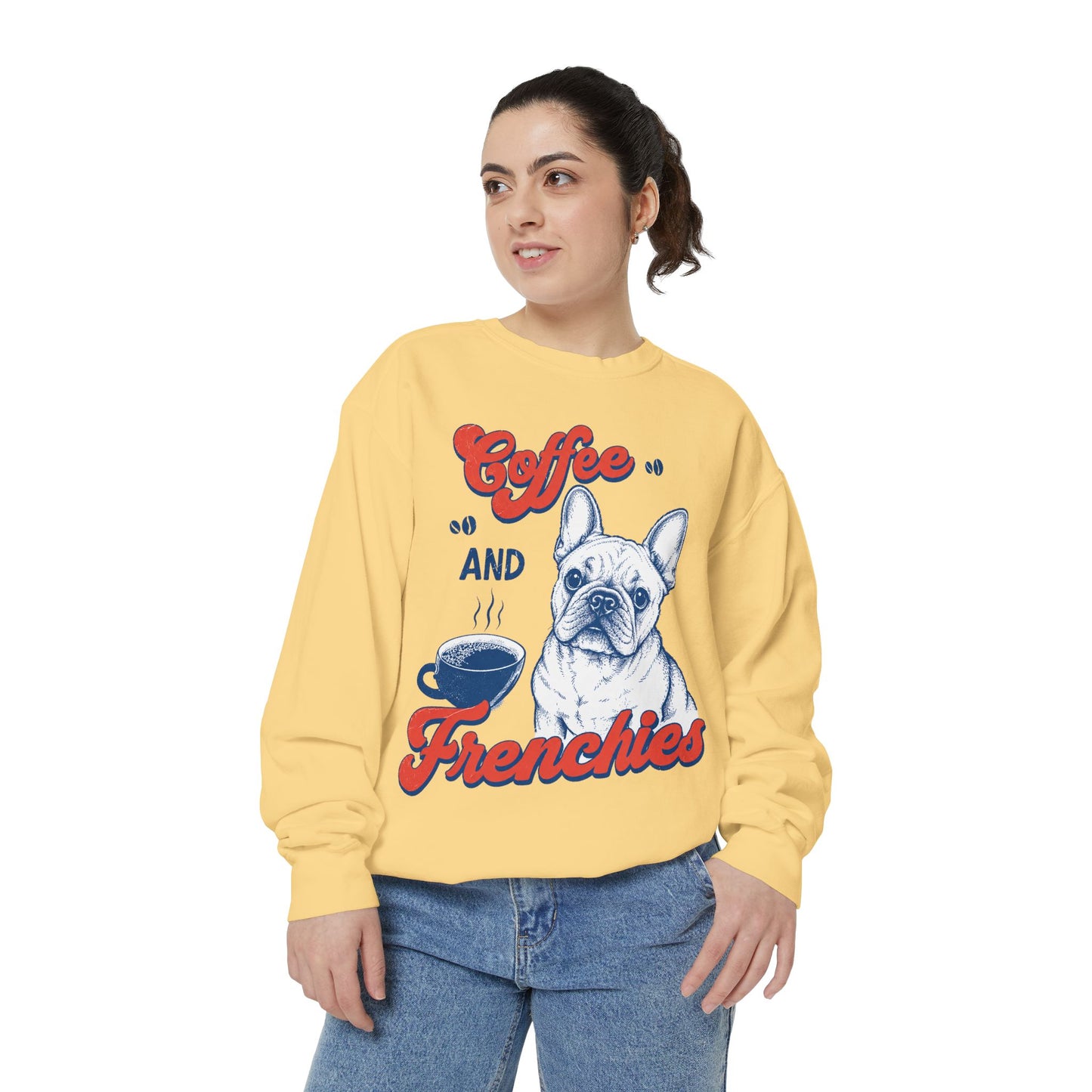 Coffee and Frenchies Sweatshirt, French Bulldog Coffee Crewneck, Frenchie Lover Pullover, Dog Mom Sweatshirt, Coffee Lover Gift, Cozy French Bulldog Sweatshirt