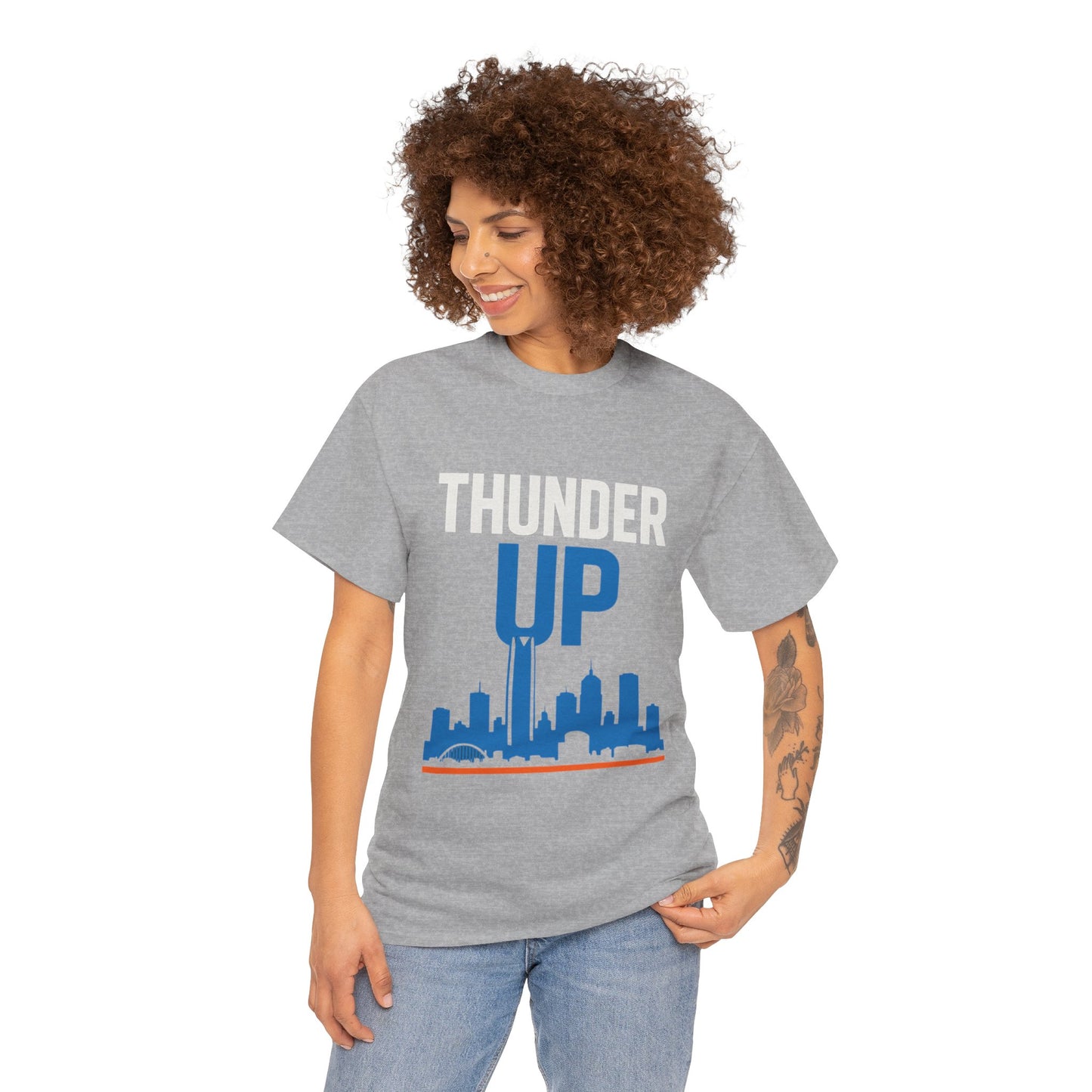 Thunder Up Oklahoma City Skyline Shirt – OKC Basketball Fan Tee, Blue & Orange City Skyline Graphic, Oklahoma Hoops Spirit Wear, Game Day T-Shirt
