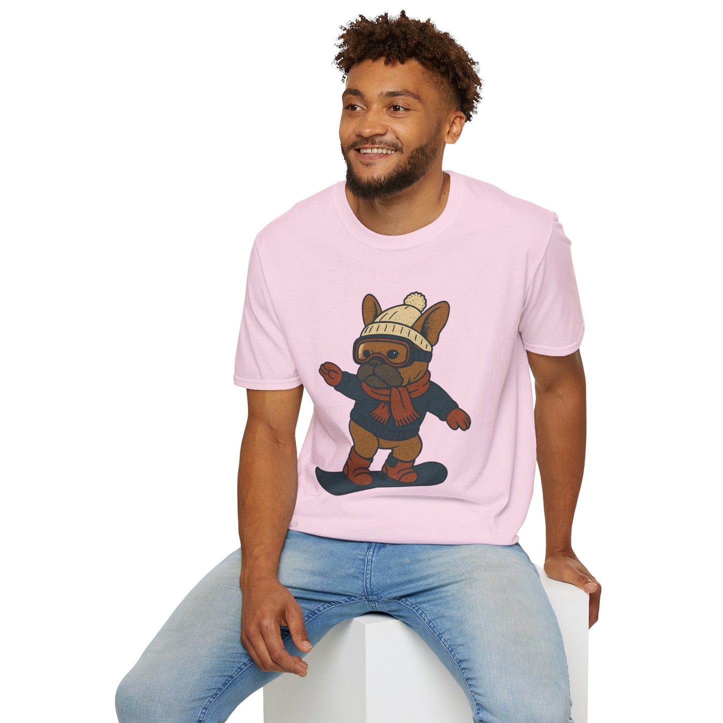 Snowboarding Frenchie T-Shirt | Cute Winter Dog Snowboard Tee | French Bulldog Snowboarder Shirt | Holiday Ski Resort Pup Graphic | Dog Lover Snow Sport Gift