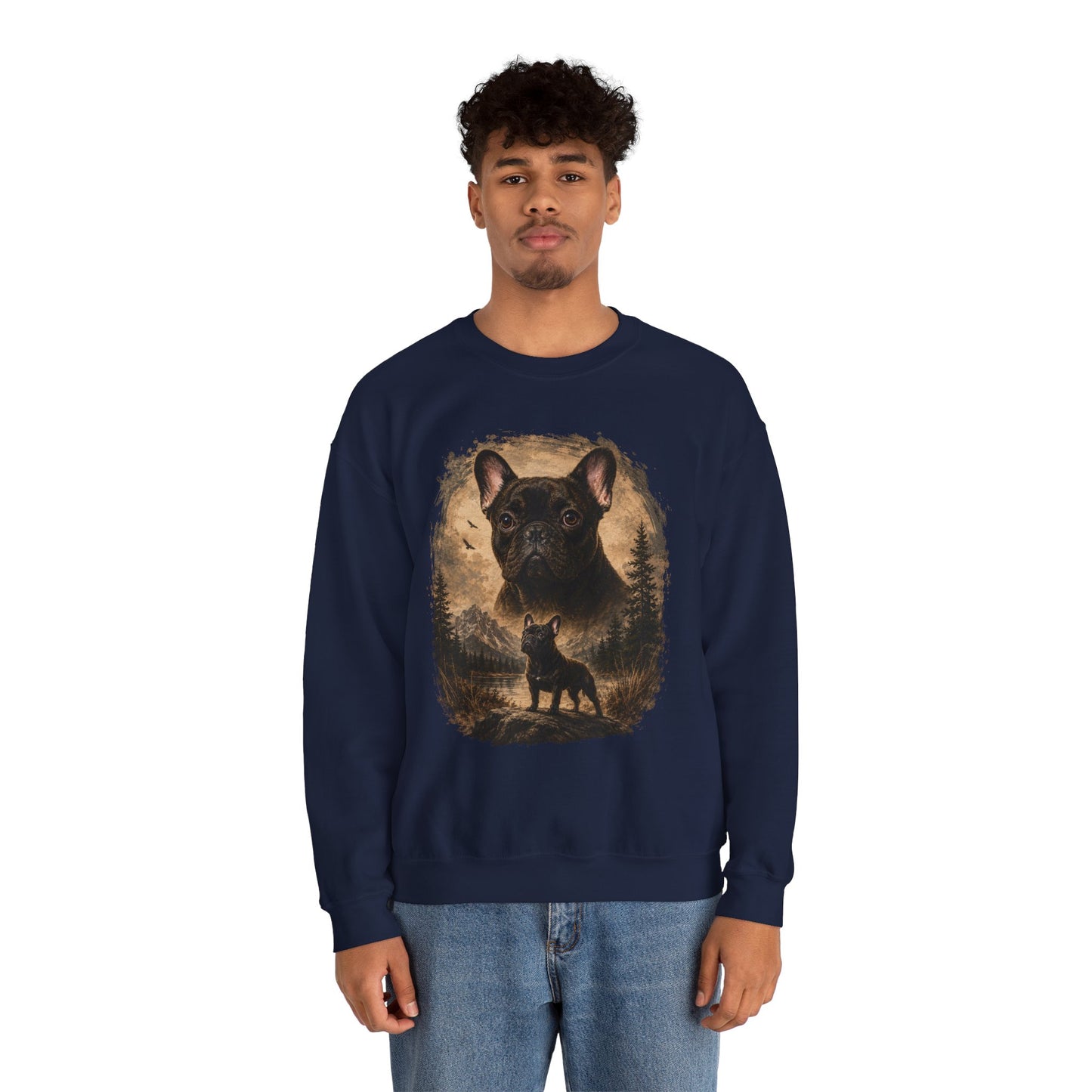 Black French Bulldog Sweatshirt, Rustic Frenchie Crewneck, Vintage Nature French Bulldog Sweatshirt, Dog Lover Gift, Black Frenchie Pullover, Camping Sweatshirt, Cozy Dog Apparel