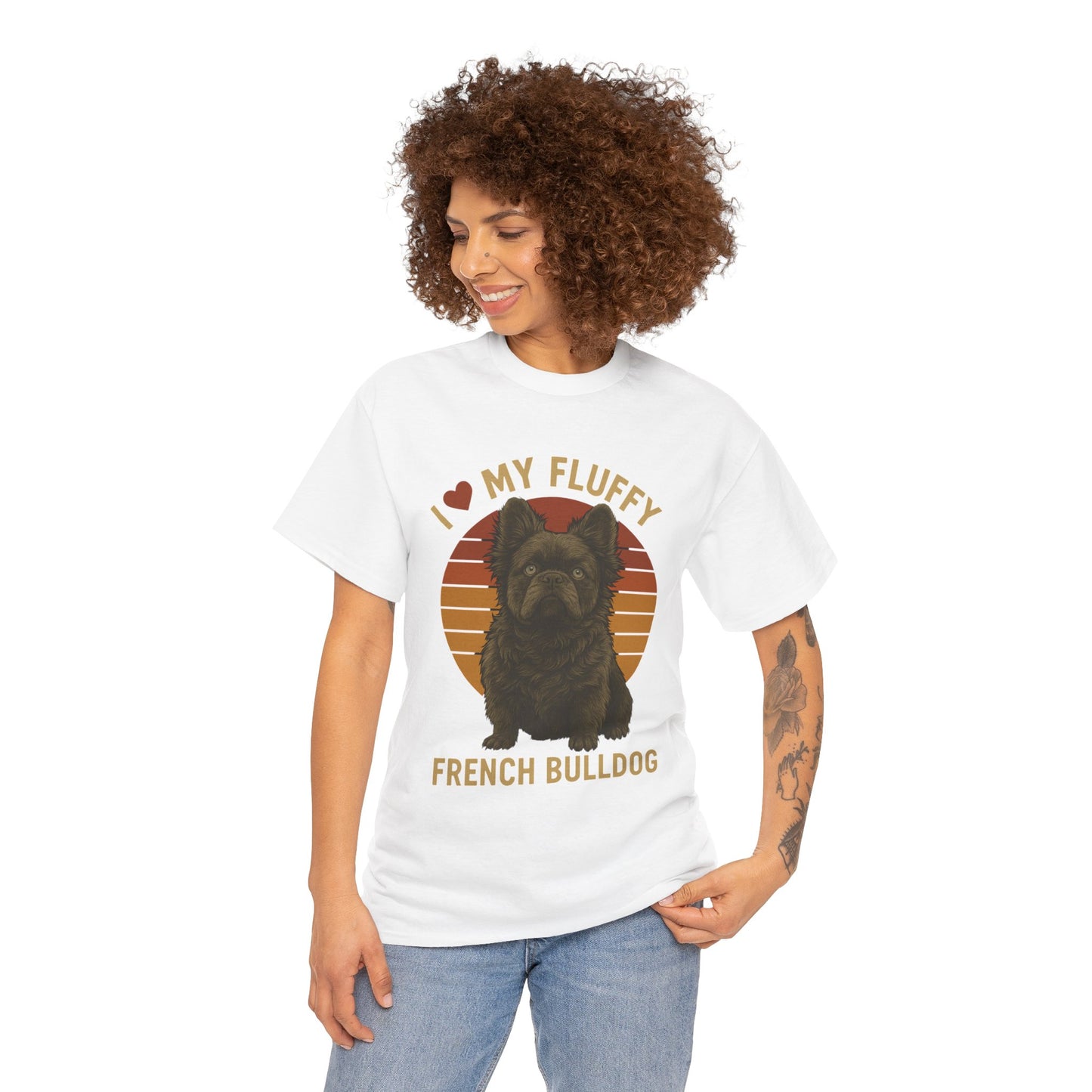 I Love My Fluffy French Bulldog Shirt – Cute Fluffy Frenchie Mom Tee – Retro Sunset Dog Lover Gift – Fluffy Frenchie Owner Present – Pet Parent T-Shirt
