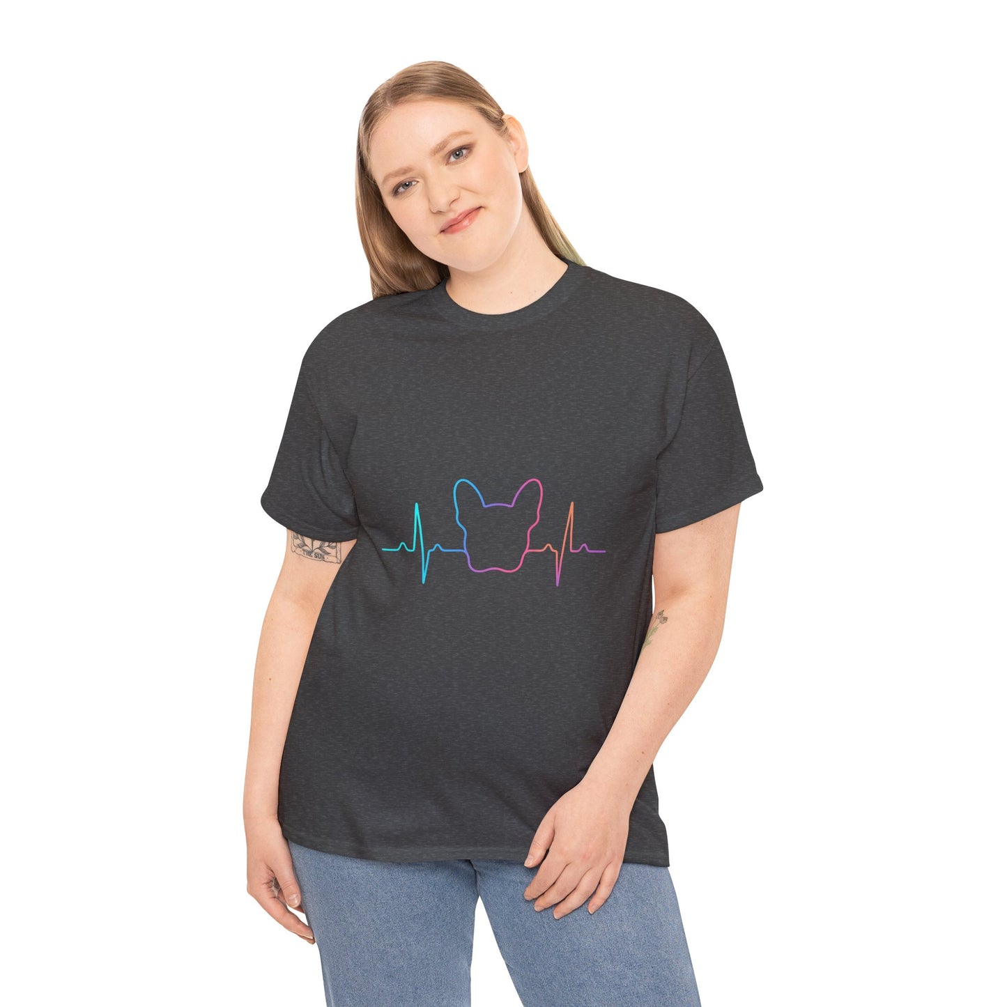 Rainbow Frenchie Heartbeat T-Shirt – Minimalist French Bulldog Line Art Tee, Neon Dog Lover Gift, Pet Mom or Dad Shirt