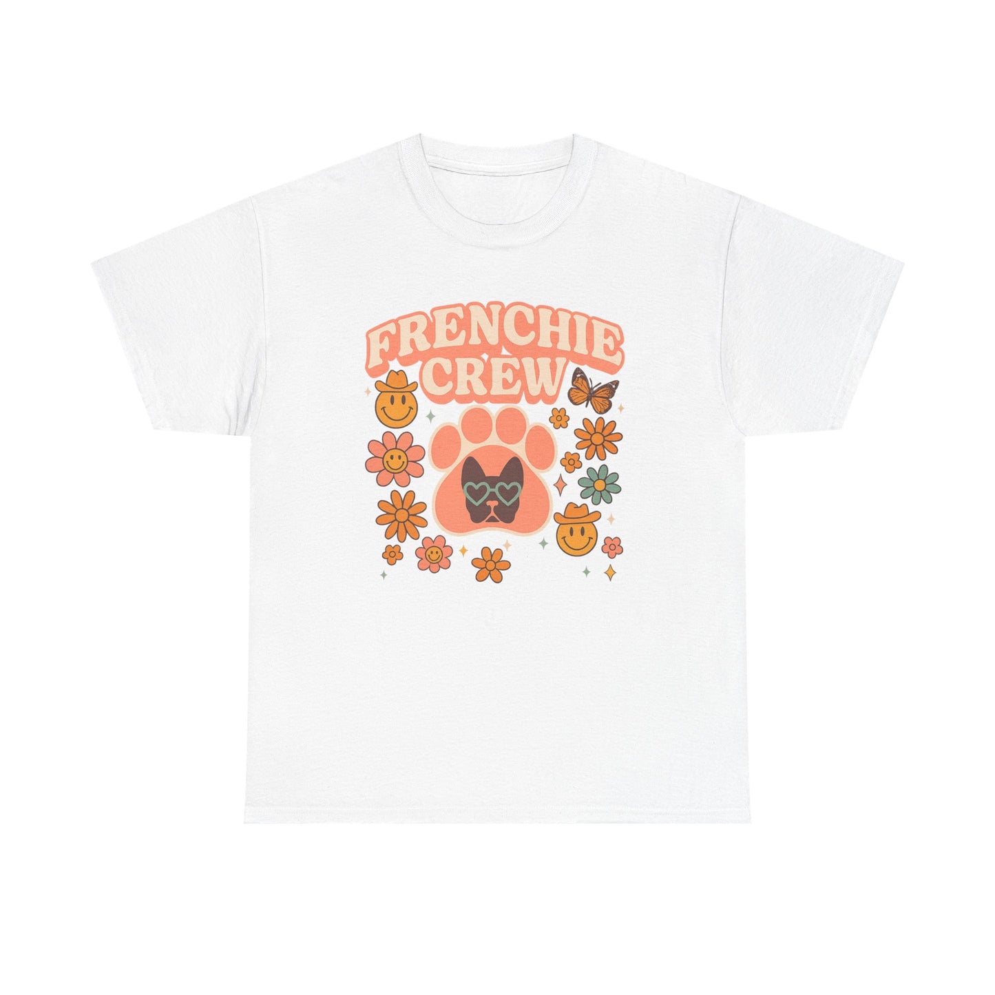 Frenchie Crew T-Shirt | Retro 70s Floral French Bulldog Tee | Groovy Dog Mom Shirt | Frenchie Lover Gift | Vintage Aesthetic Graphic Tee