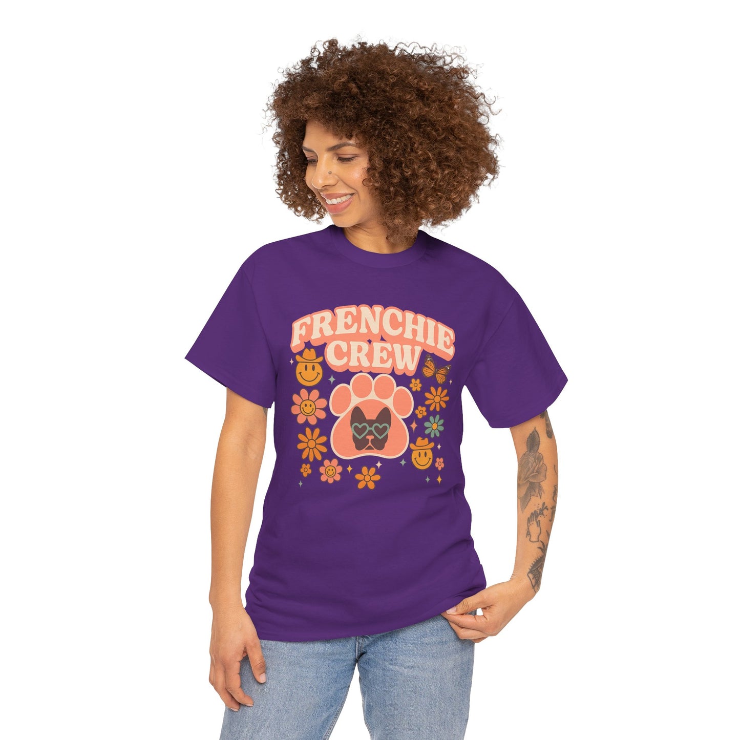 Frenchie Crew T-Shirt | Retro 70s Floral French Bulldog Tee | Groovy Dog Mom Shirt | Frenchie Lover Gift | Vintage Aesthetic Graphic Tee