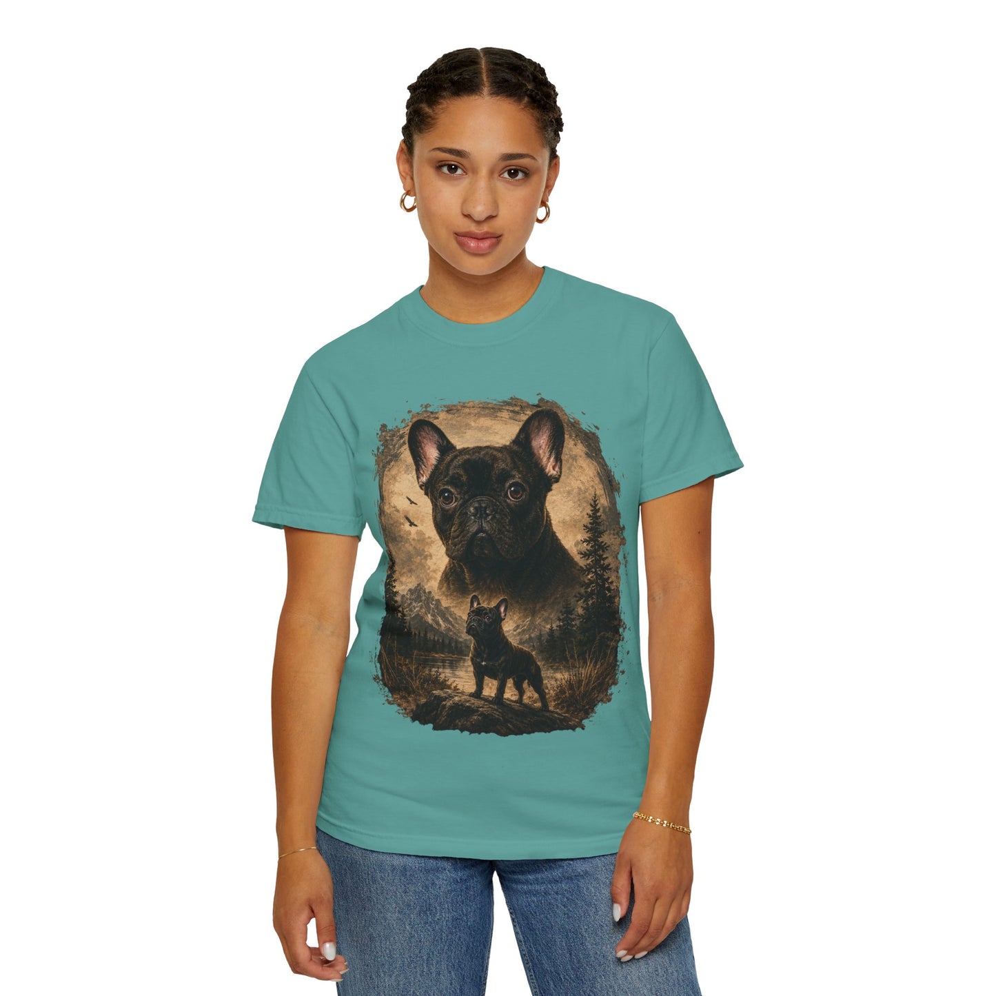Black French Bulldog Shirt, Vintage Frenchie Nature Tee, Rustic French Bulldog Shirt, Dog Lover Gift, Frenchie Mountain Landscape Tee, Outdoors Dog Shirt, French Bulldog Art