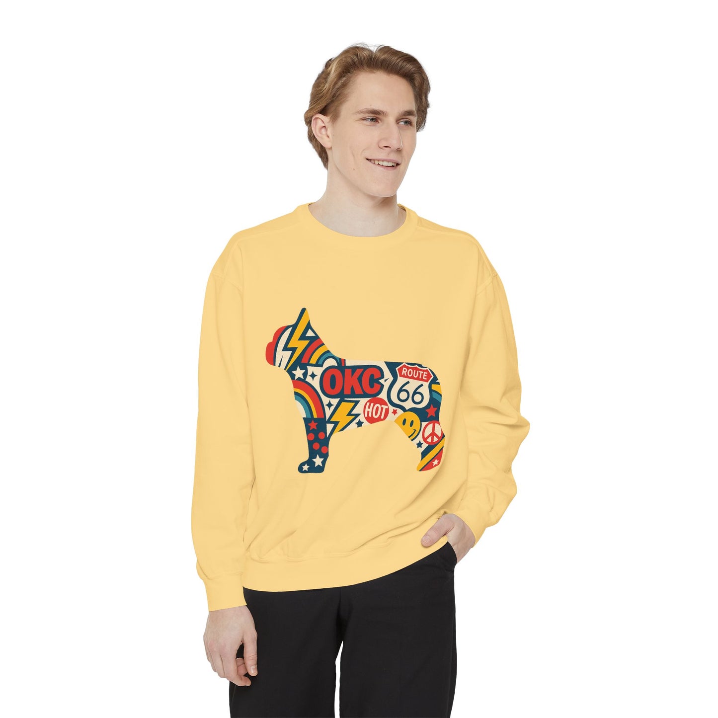 OKC Frenchie Route 66 Sweatshirt | Retro Oklahoma Pullover | Blue Orange Dog Lover Crewneck