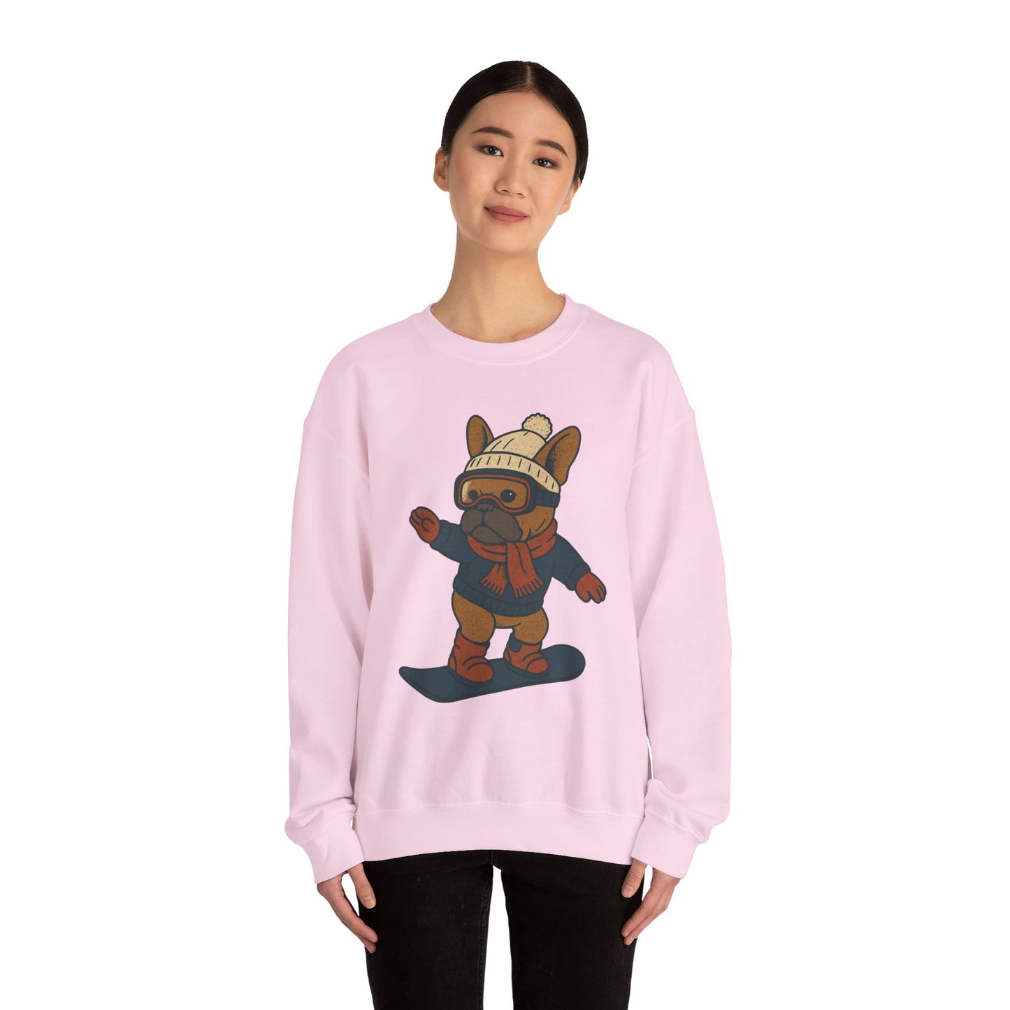Snowboarding Frenchie Sweatshirt – Cute French Bulldog Winter Sweater, Snowboard Dog Pullover, Cozy Holiday Ski Dog Crewneck, Frenchie Lover Gift