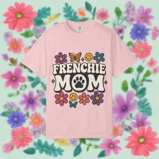 Frenchie Mom T-Shirt | Retro Groovy Dog Lover Tee | Smiley Flower French Bulldog Shirt | Cute Colorful Frenchie Gift for Her