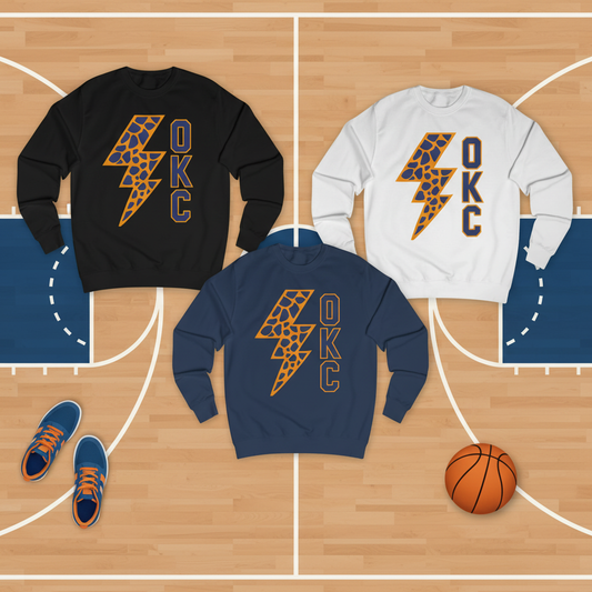 Lightning OKC Basketball Sweatshirt | Oklahoma City Thunder Inspired Pullover | Blue and Orange Game Day Crewneck | Retro Basketball Fan Sweater