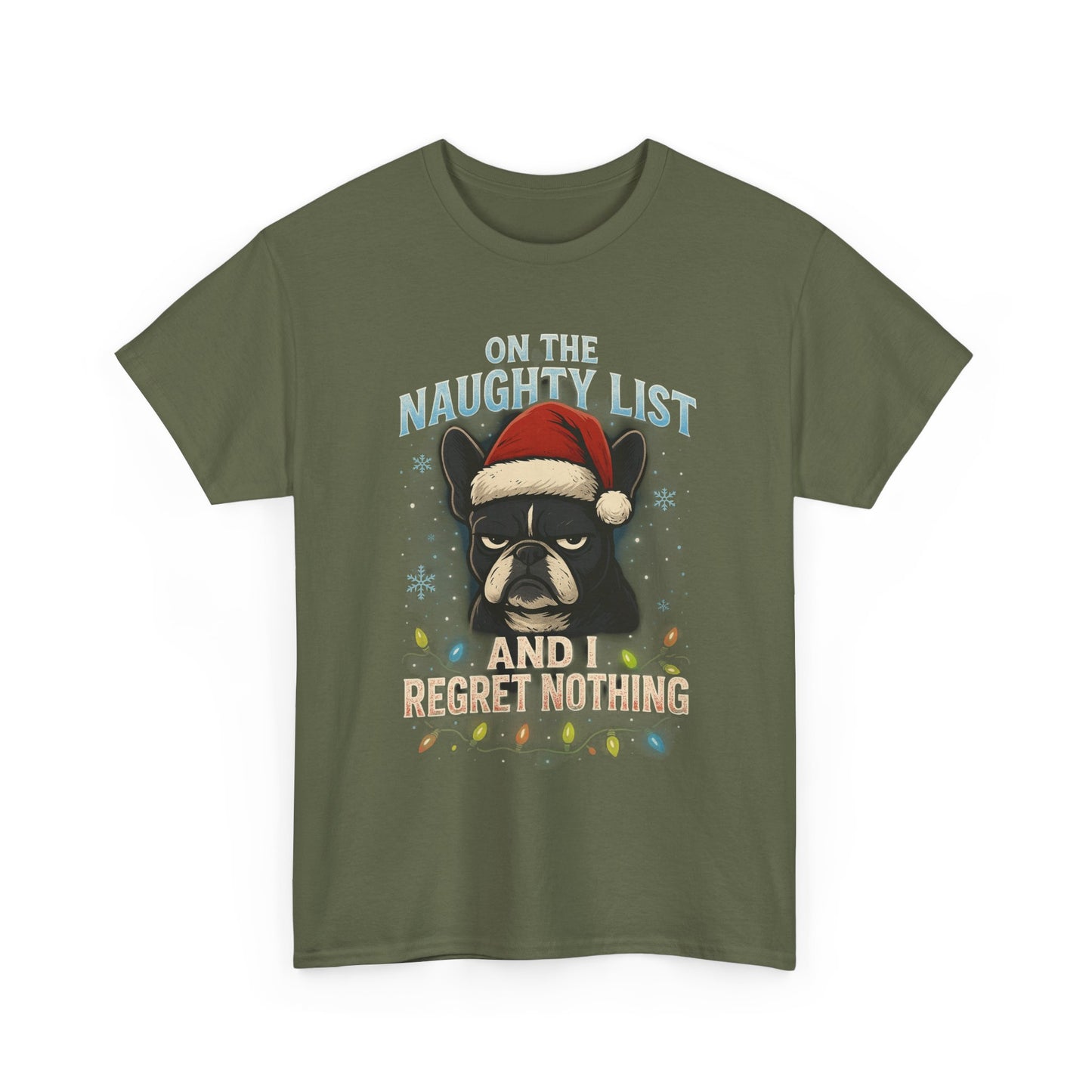 On The Naughty List Frenchie Christmas Shirt | Funny Holiday Dog Lover Tee | Grumpy French Bulldog Xmas Lights T-Shirt | Cute Pet Gift