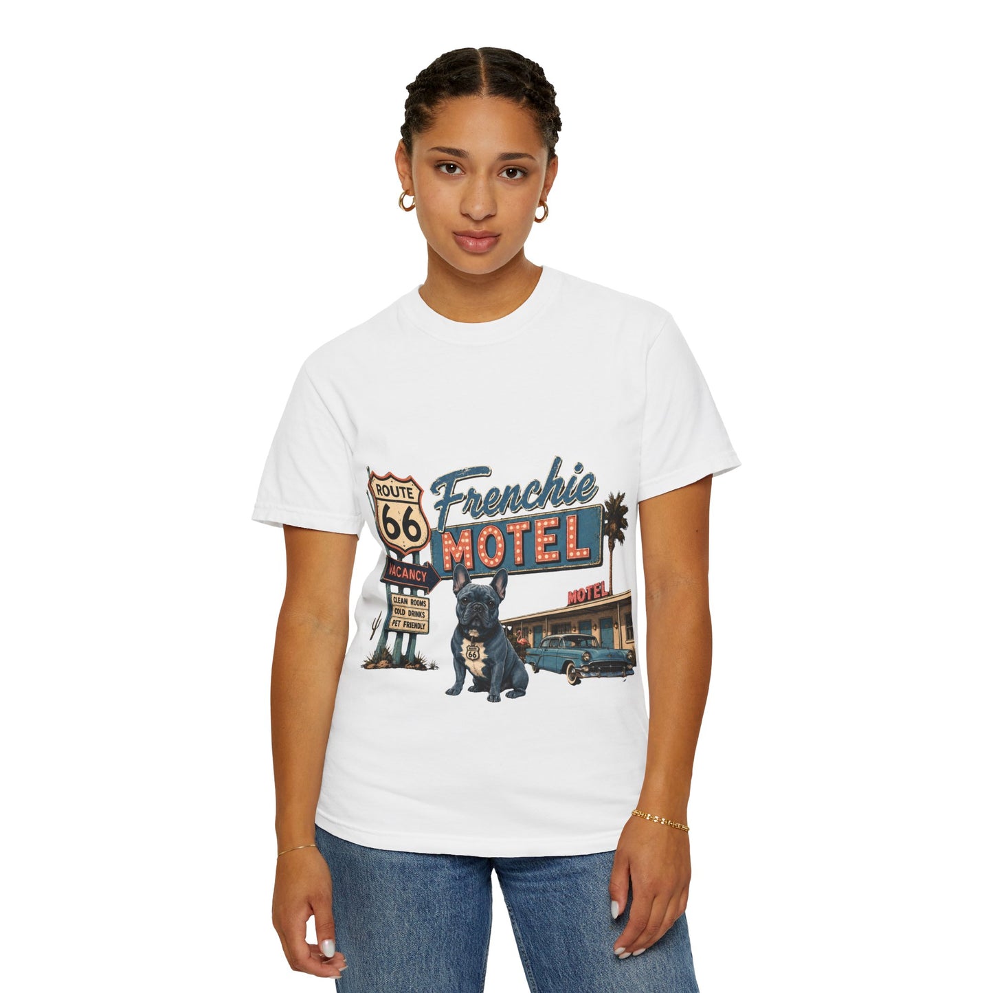 Route 66 Frenchie Motel Shirt, French Bulldog Retro Travel Tee, Vintage Road Trip Shirt, Dog Lover Graphic Tee, Route 66 Dog Shirt, Frenchie Motel T-Shirt, Retro Americana Gift