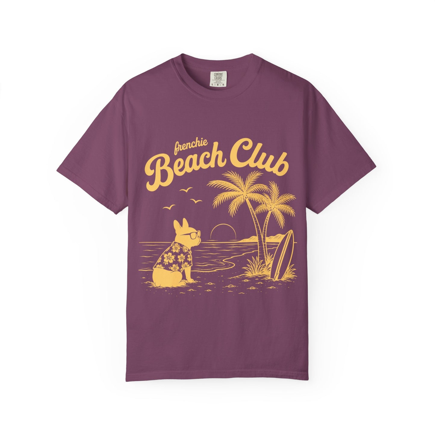 Frenchie Beach Club T-Shirt — Cute French Bulldog Surfing Palm Beach Tee