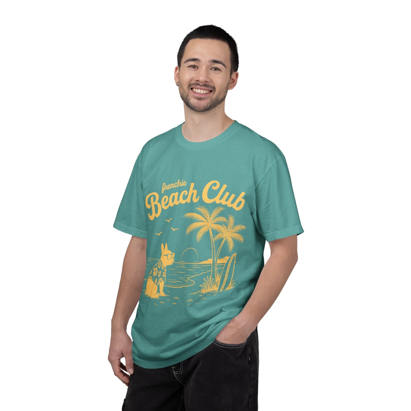 Frenchie Beach Club T-Shirt — Cute French Bulldog Surfing Palm Beach Tee