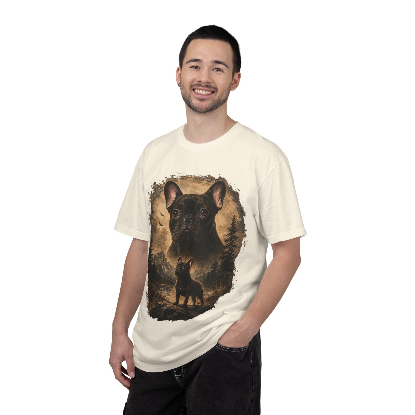 Black French Bulldog Shirt, Vintage Frenchie Nature Tee, Rustic French Bulldog Shirt, Dog Lover Gift, Frenchie Mountain Landscape Tee, Outdoors Dog Shirt, French Bulldog Art